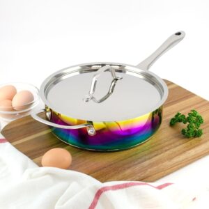 the magical kitchen collection - iridescent rainbow 9.5” skillet with lid - 4 quart, premium heavy duty titanium and stainless steel pan - rust proof induction cookware - oven safe frying pan