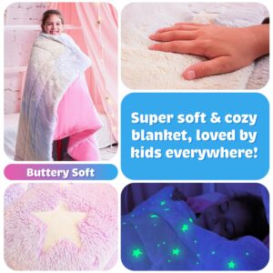 Girls Sleeping Bag, Rainbow & Glowing Stars Sleeping Bag for Girls, Girl Sleeping Bag, Sleeping Bag for Kids with Pillow Pocket, Ages 3+, Soft Toddler Girl Sleeping Bag - Kids Blanket (66'' x 33")