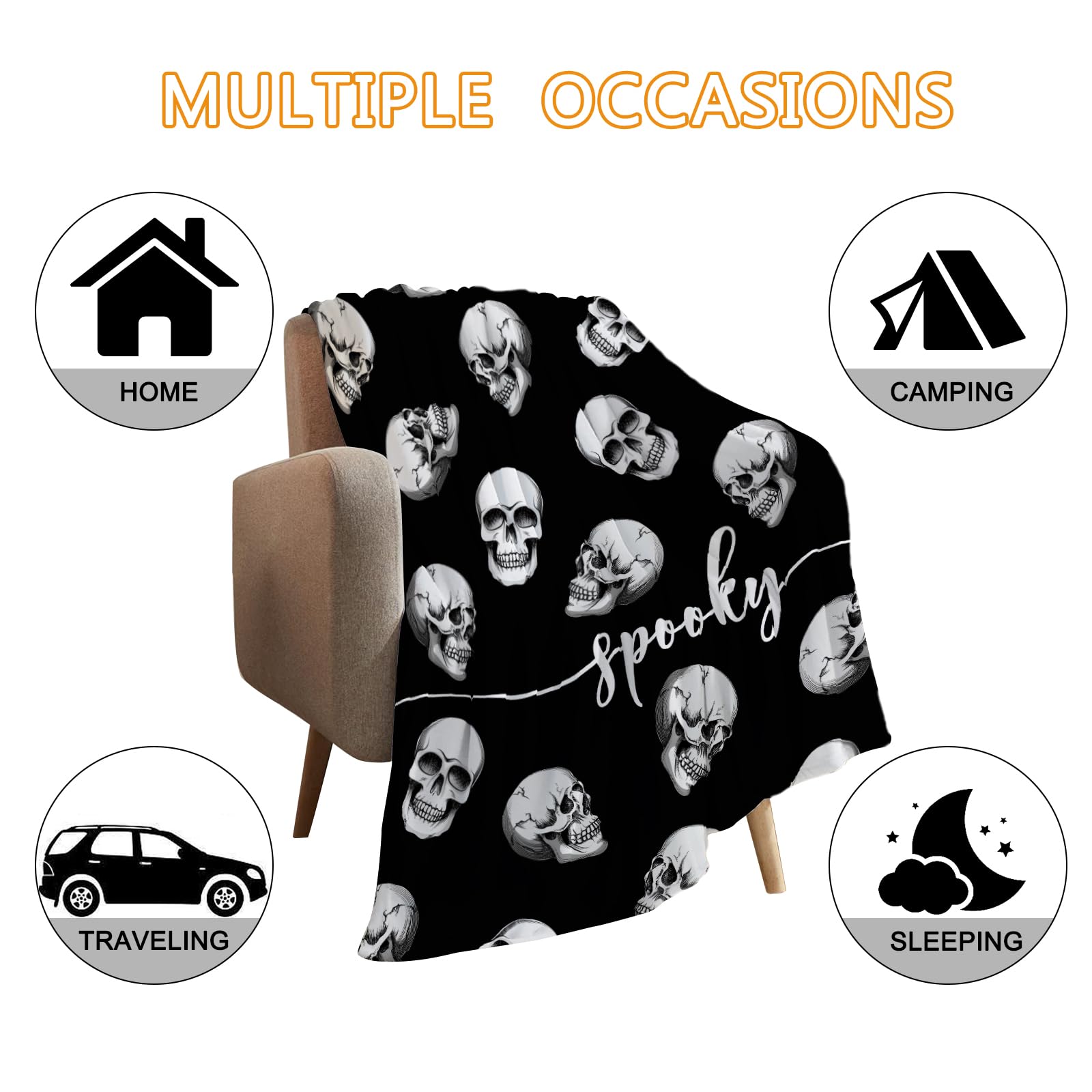 YeeJu Halloween Throw Blanket Black Spooky Skull Throw Blanket Halloween Cozy Soft Lightweight Fuzzy Plush Fleece Blankets and Throws Couch Sofa Bed Holiday Decorative Print Blanket 50x60