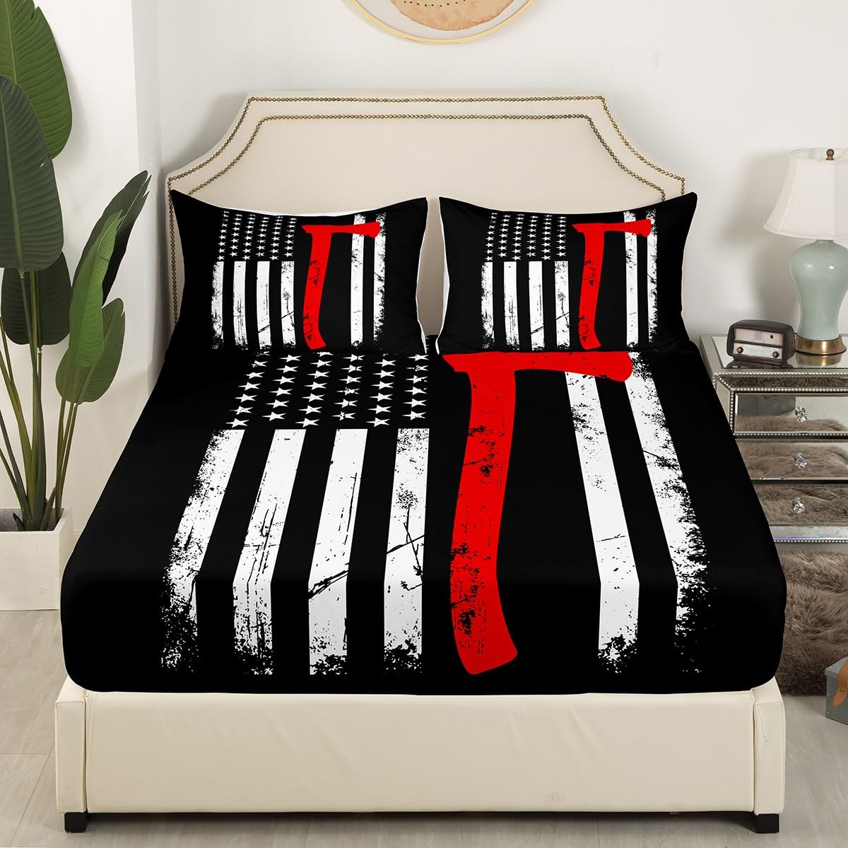 Firefighter Bedding Set Twin Size American Flag Bed Set for Girls Teens Bedroom Decor Kids Fireman Fitted Sheet Soft Microfiber Red Black White Bed Cover(1 Fitted Sheet+1 Pillow Case)