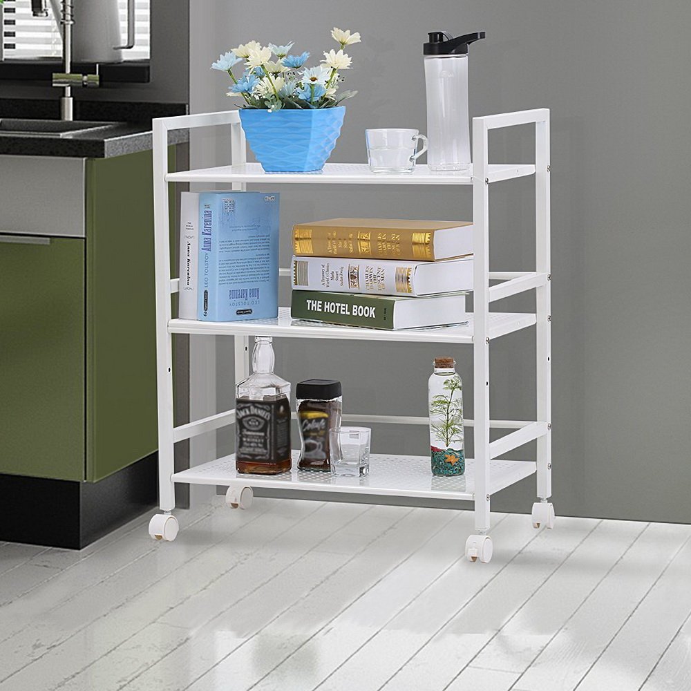 3-Tier Metal Storage Rack with Wheels - Heavy Duty Shelving Unit with Hooks - Microwave Stand Kitchen Rolling Cart - Garage Storage Rack - Multipurpose Utility Cart for Home Office Use - Ivory White