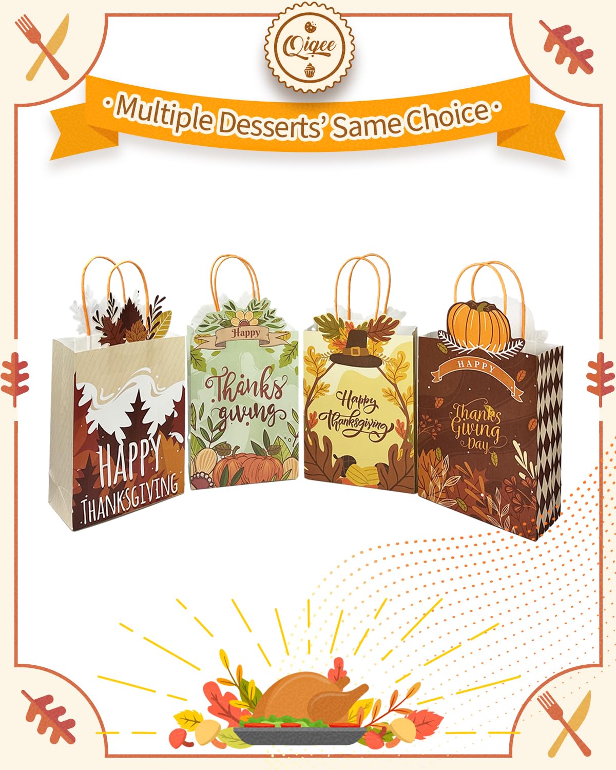 qiqee 24-Packs Thanksgiving Paper Gift Bags with Handles Bulk 8.26×6×3.15 Inch Pumpkin Gift Bags Multiple Uses (Small Size)