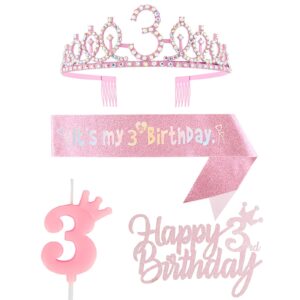 3rd birthday decorations for girl, including 3rd birthday crown/tiara, sash, happy birthday cake toppers and number 3 candles, pink birthday party supplies 3 year old girl birthday gift ideas