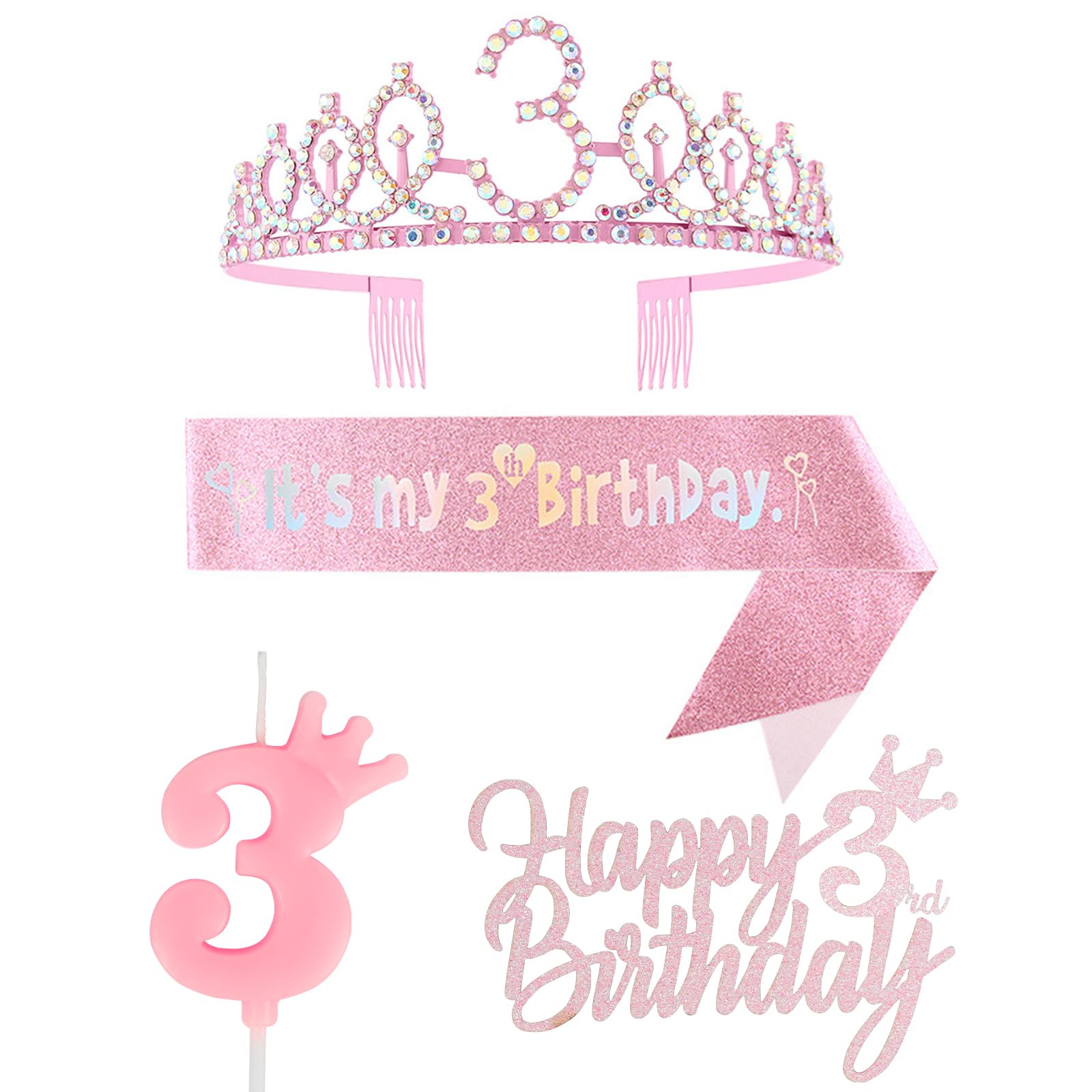 3rd Birthday Decorations for Girl, Including 3rd Birthday Crown/Tiara, Sash, Happy Birthday Cake Toppers and Number 3 Candles, Pink Birthday Party Supplies 3 Year Old Girl Birthday Gift Ideas