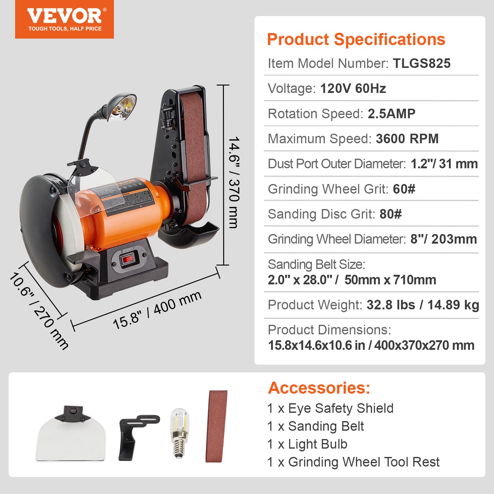 VEVOR 8 Inch Bench Grinder with 2 x28 Inch Belt Sander Combo, Bench Grinder Sander with 2.5A Induction Motor for Metalworking Sharpening Grinding