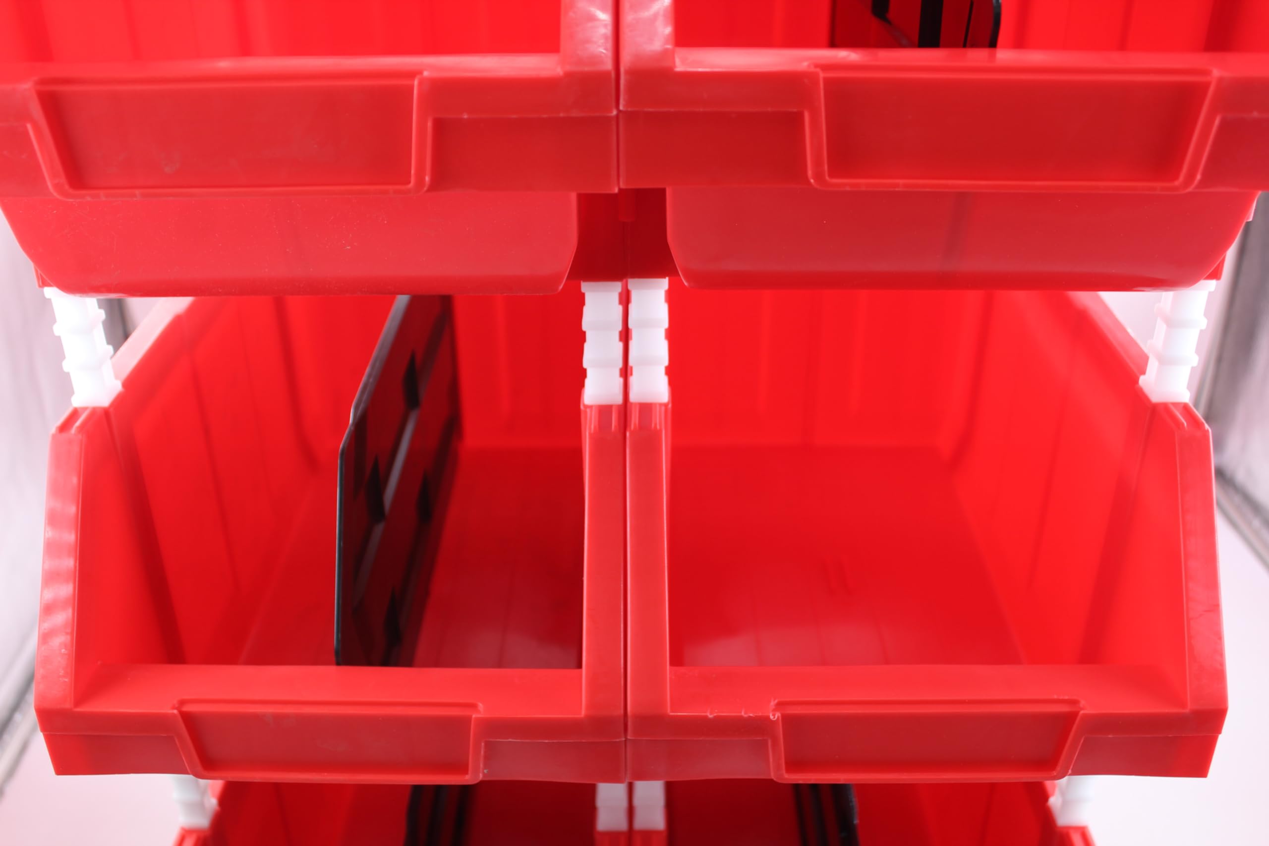 DJC Supply Heavy duty thermoplastic storage bin organizer, Stackable, Hangable, Side-connect (RED (2 PACK), LARGE V2 8.4" X 14.5" X 6.9")