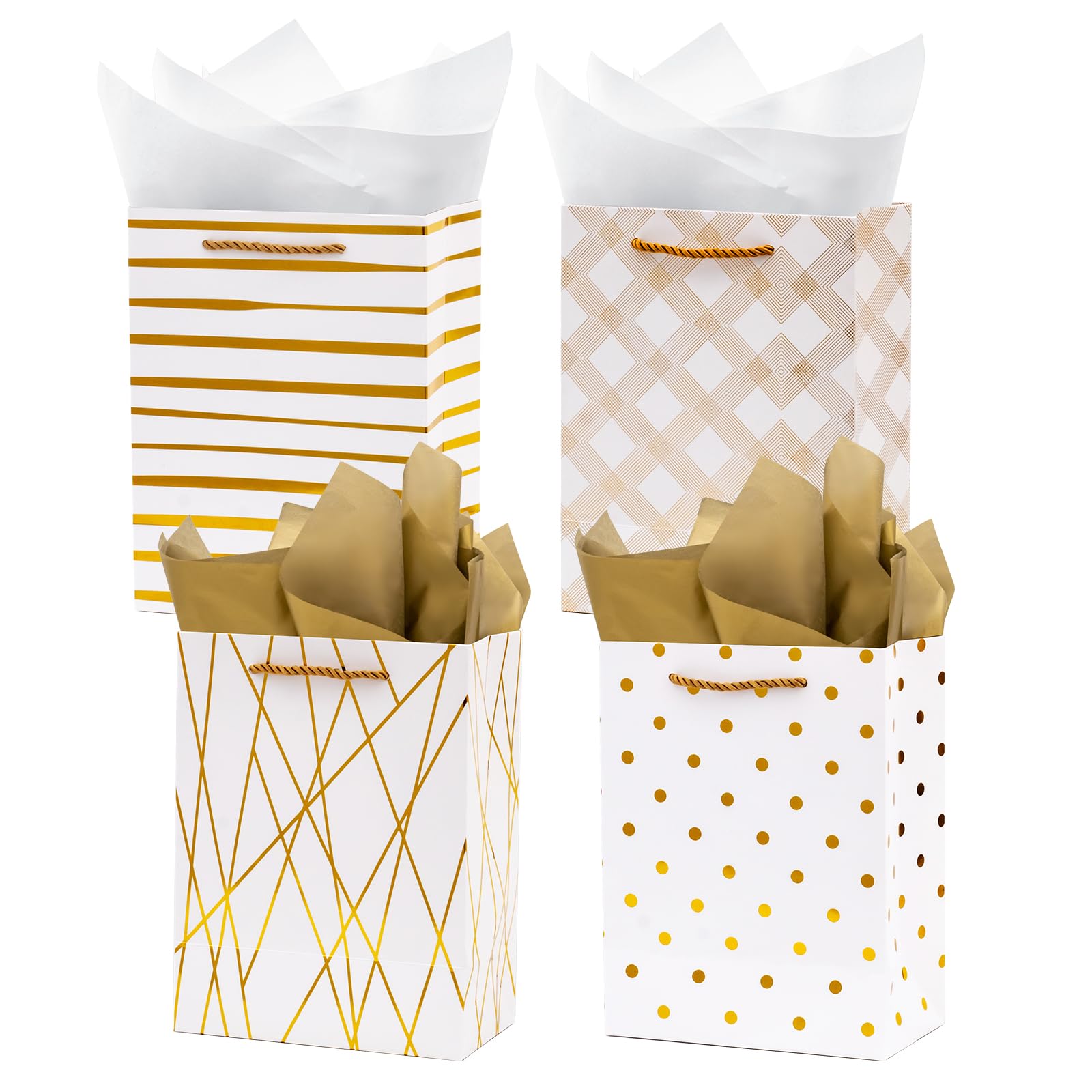 Nihuecne 9" Gift Bags Medium Size with Tissue Paper, 4 Pack White Gold Wrap Paper Gift Bags with Handles for Shopping Parties Wedding Baby Shower Holiday Presents 4 Designs