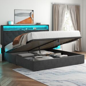 loomie queen lift up bed frame with charging station & led lights, upholstered bed with button tufted wingback storage headboard, hydraulic storage, no box spring needed, wood slats support,dark grey