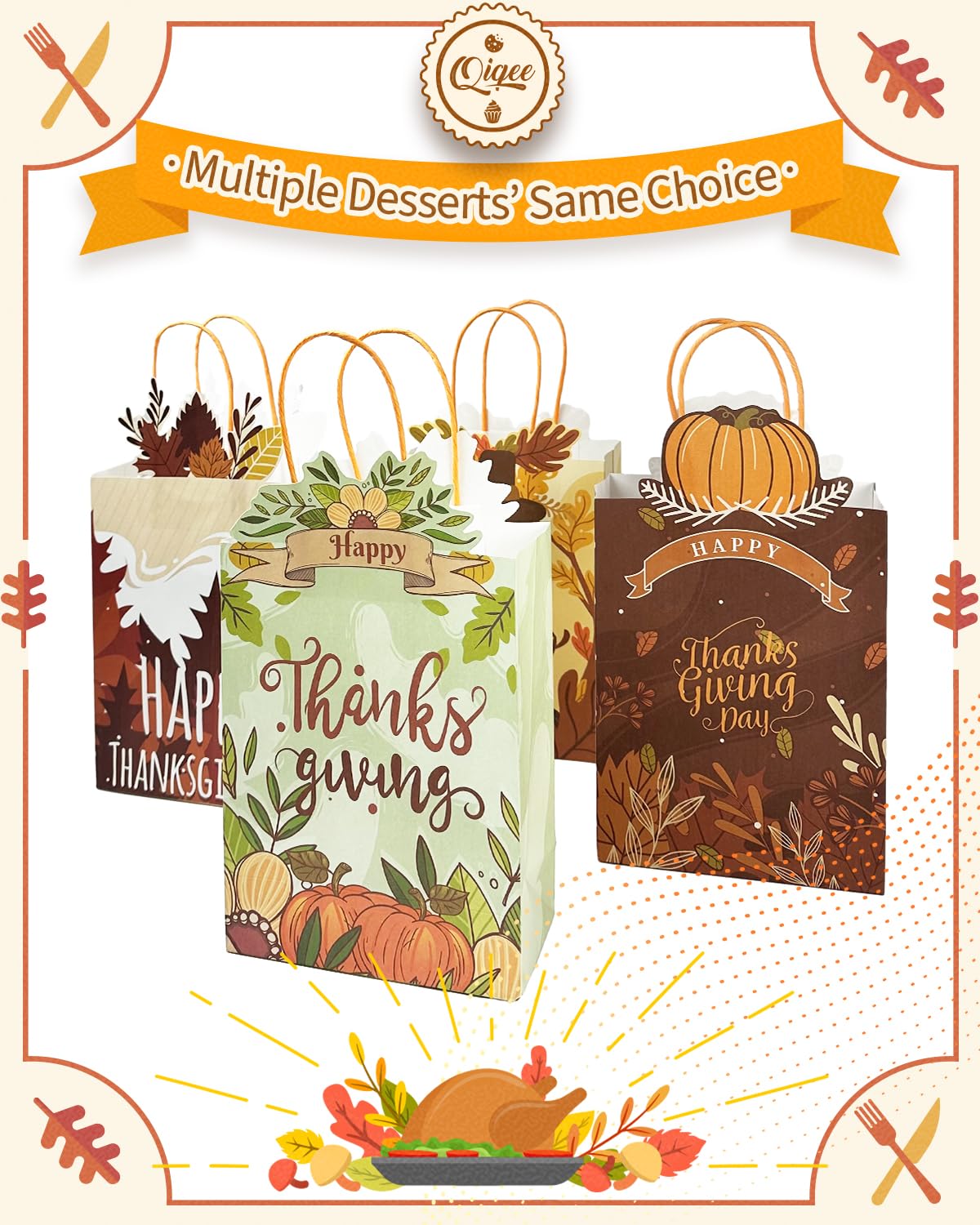 qiqee 24-Packs Thanksgiving Paper Gift Bags with Handles Bulk 8.26×6×3.15 Inch Pumpkin Gift Bags Multiple Uses (Small Size)