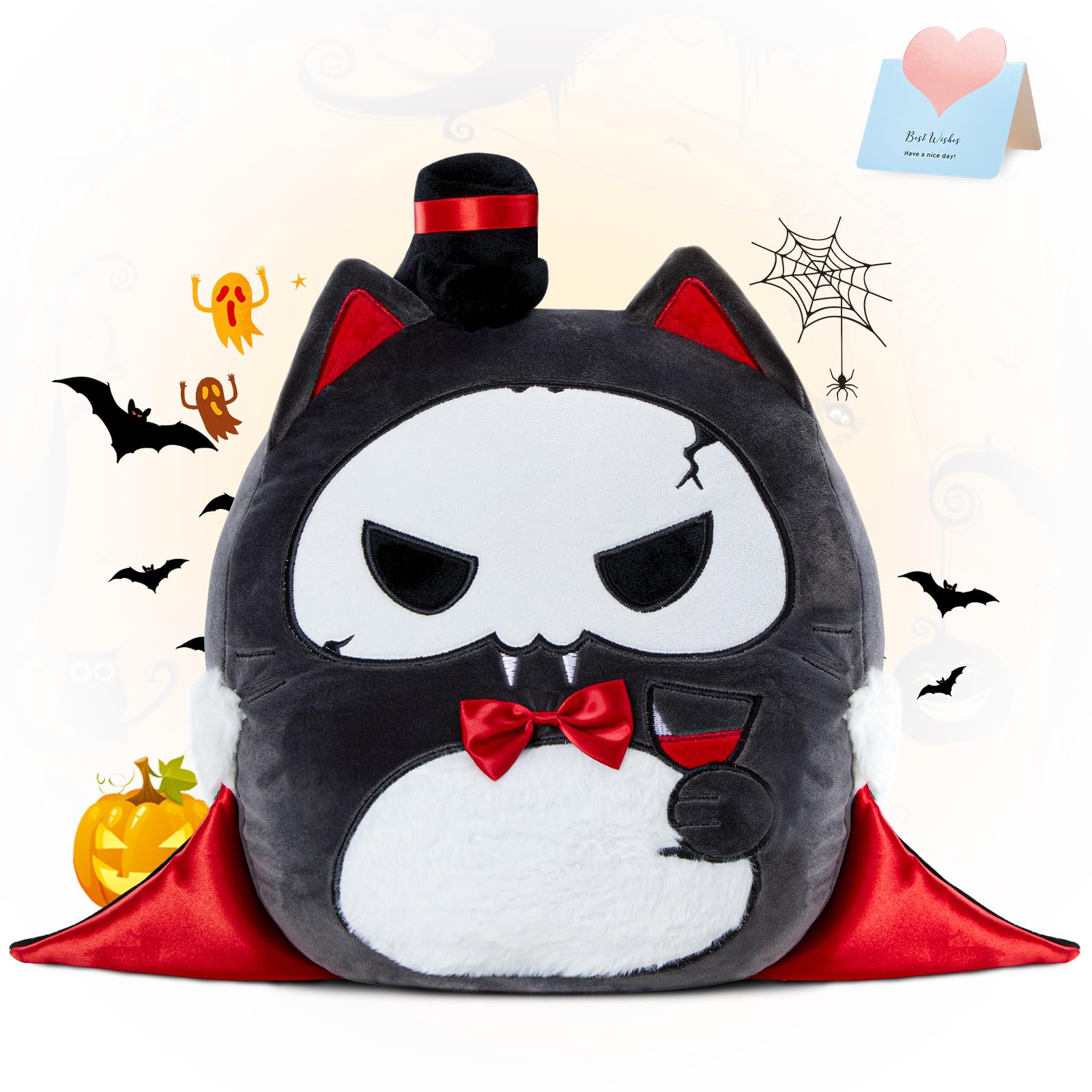 Athoinsu Halloween 2024 Vampire Cat Soft Plush Pillow Toy Crazy Kitty Stuffed Animal Spooky for Kids Nightmare Before Christmas Party Decorations, 12"