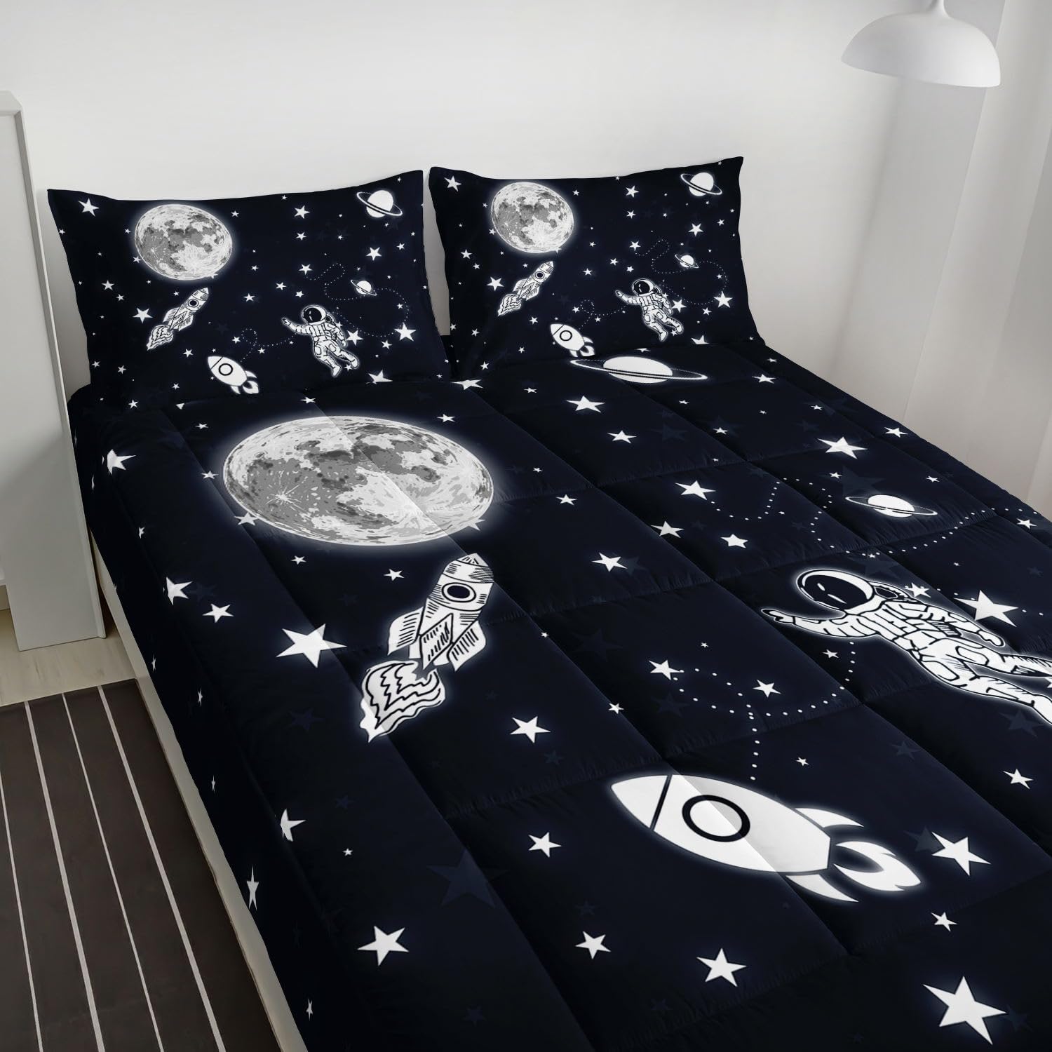 Datura home Fitted Mattress Pad Set for Girls Kids,Astronaut Moon Rocket Printed Kids' Mattress Pads Cover with 1 Quilted Fitted Sheet & 2 Pillowcases(Astronaut Twin)