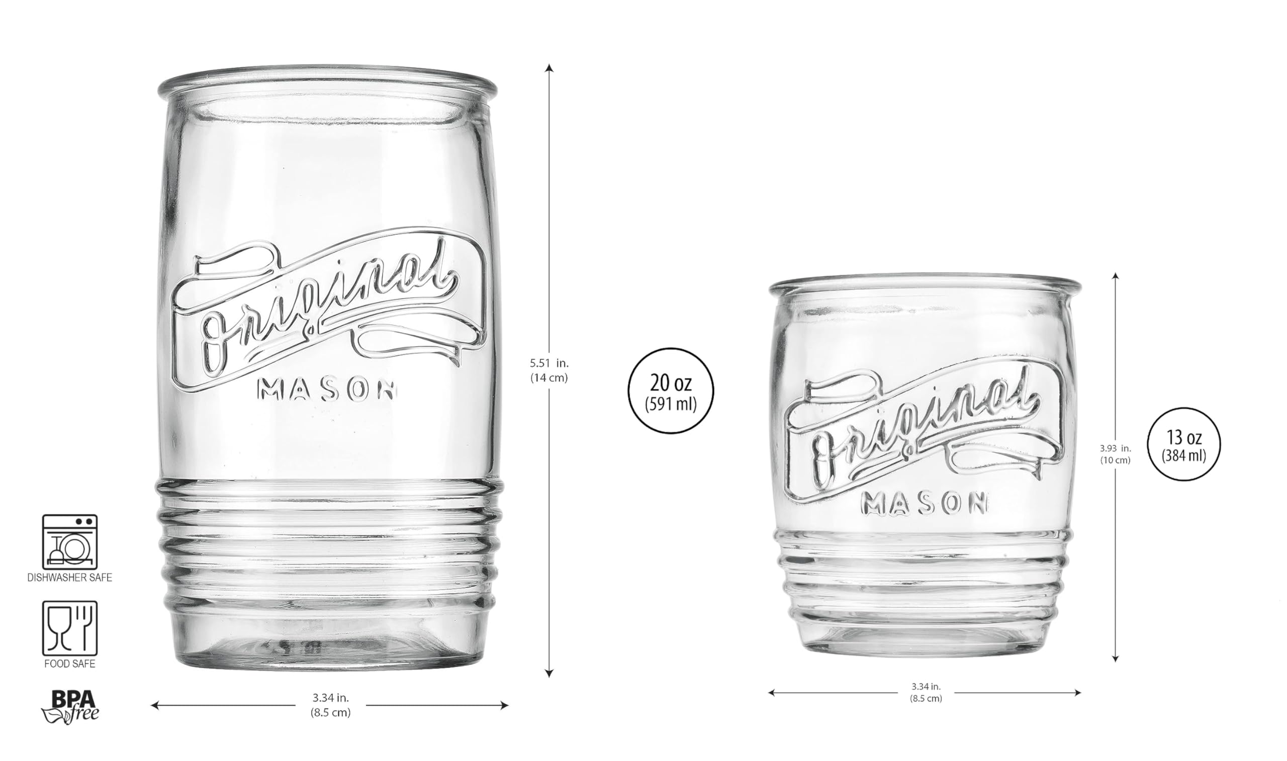 Glaver's Original Mason Set of 8 Drinking Glasses 4-20 Oz Highball Glasses, and 4-13 Oz Whiskey Glass Cups For Everyday Home Use Water, Beer, Juice, Cocktail.