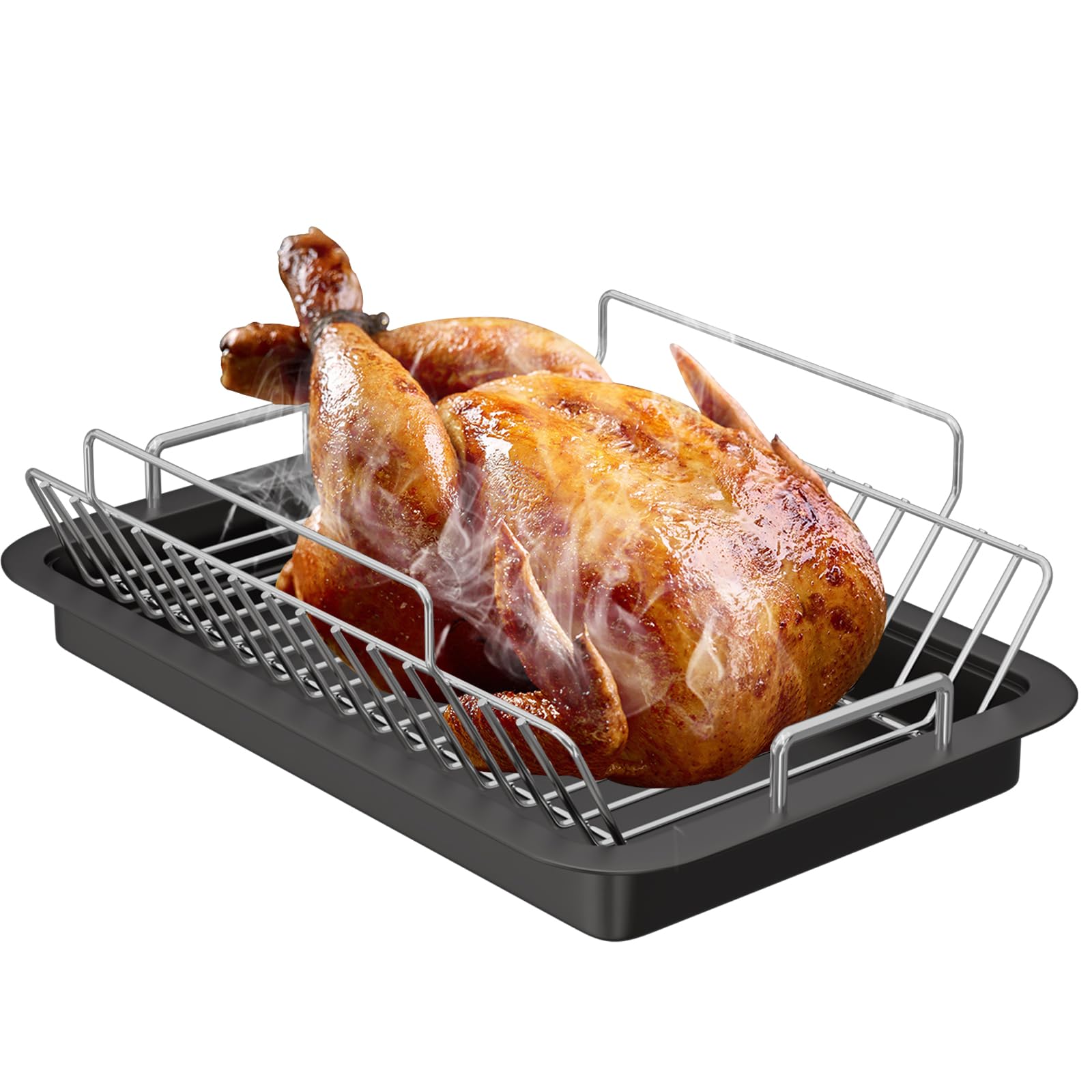 BBQ Future 17.3-Inch Nonstick Roasting Pan with Stainless Steel Rack, Turkey Roaster Pan for Turkey Chicken Meat & Vegetables, Rectangular Roasting Pans for Ovens Heavy Duty & Dishwasher Safe