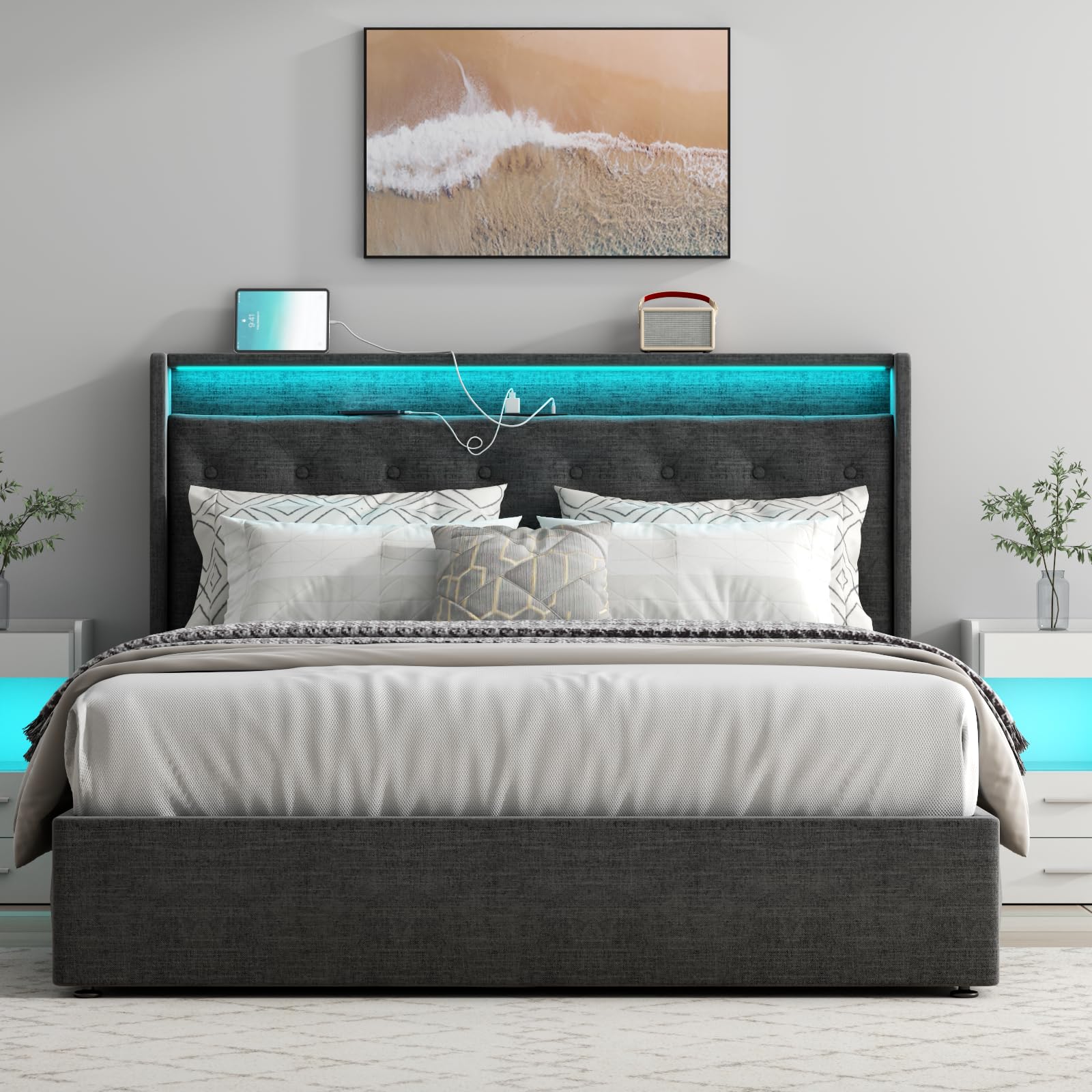 Loomie Queen Lift Up Bed Frame with Charging Station & LED Lights, Upholstered Bed with Button Tufted Wingback Storage Headboard, Hydraulic Storage, No Box Spring Needed, Wood Slats Support,Dark Grey