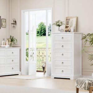 HOSTACK 5 Drawers Dresser, 44" Tall Dresser with 5 Drawers, White Chest of Drawers with Storage, Modern Farmhouse Wood Dressers for Closet, Living Room, Hallway