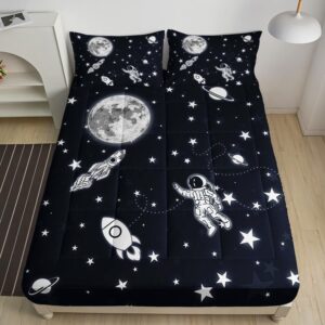 datura home fitted mattress pad set for girls kids,astronaut moon rocket printed kids' mattress pads cover with 1 quilted fitted sheet & 2 pillowcases(astronaut twin)