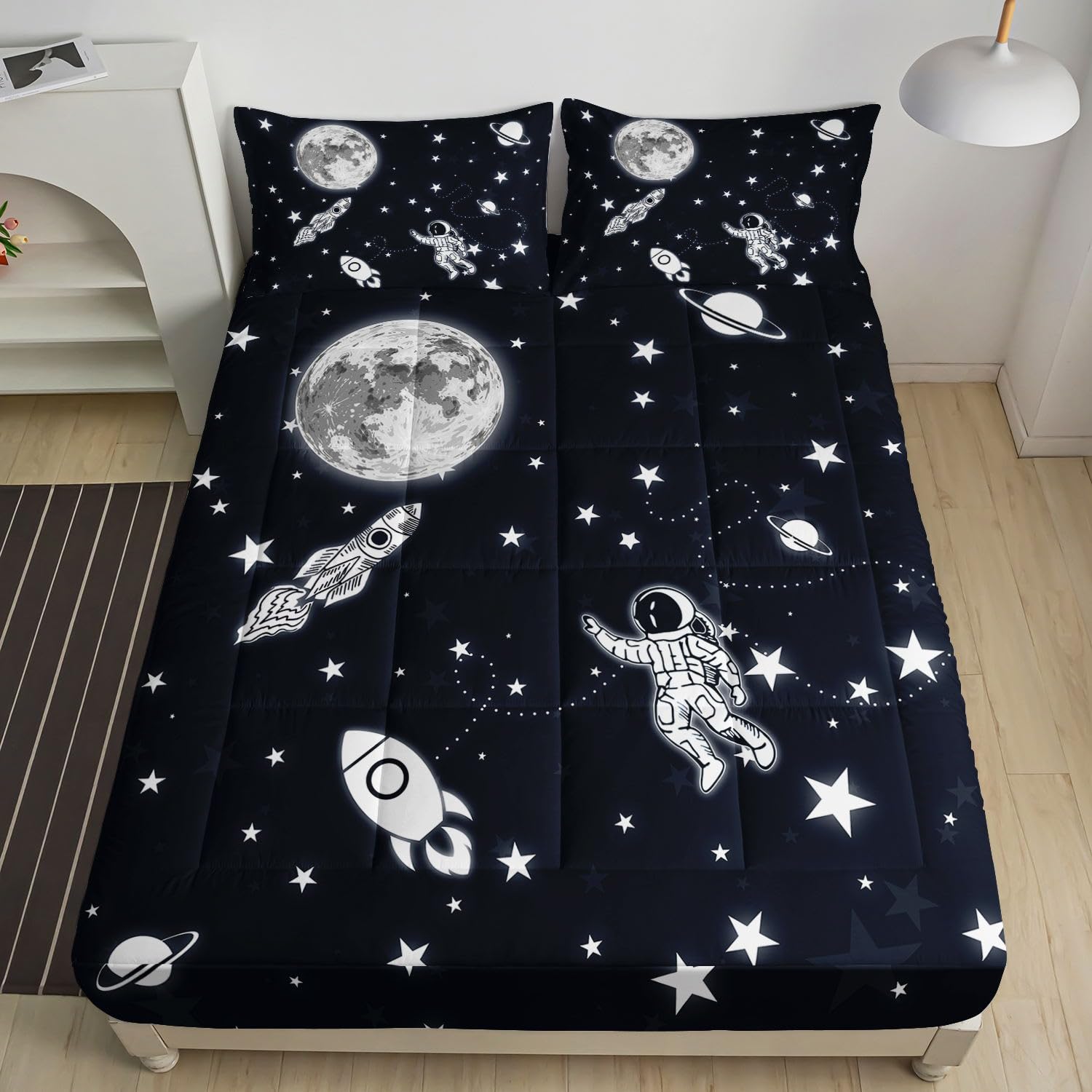 Datura home Fitted Mattress Pad Set for Girls Kids,Astronaut Moon Rocket Printed Kids' Mattress Pads Cover with 1 Quilted Fitted Sheet & 2 Pillowcases(Astronaut Twin)