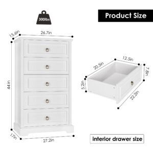 HOSTACK 5 Drawers Dresser, 44" Tall Dresser with 5 Drawers, White Chest of Drawers with Storage, Modern Farmhouse Wood Dressers for Closet, Living Room, Hallway