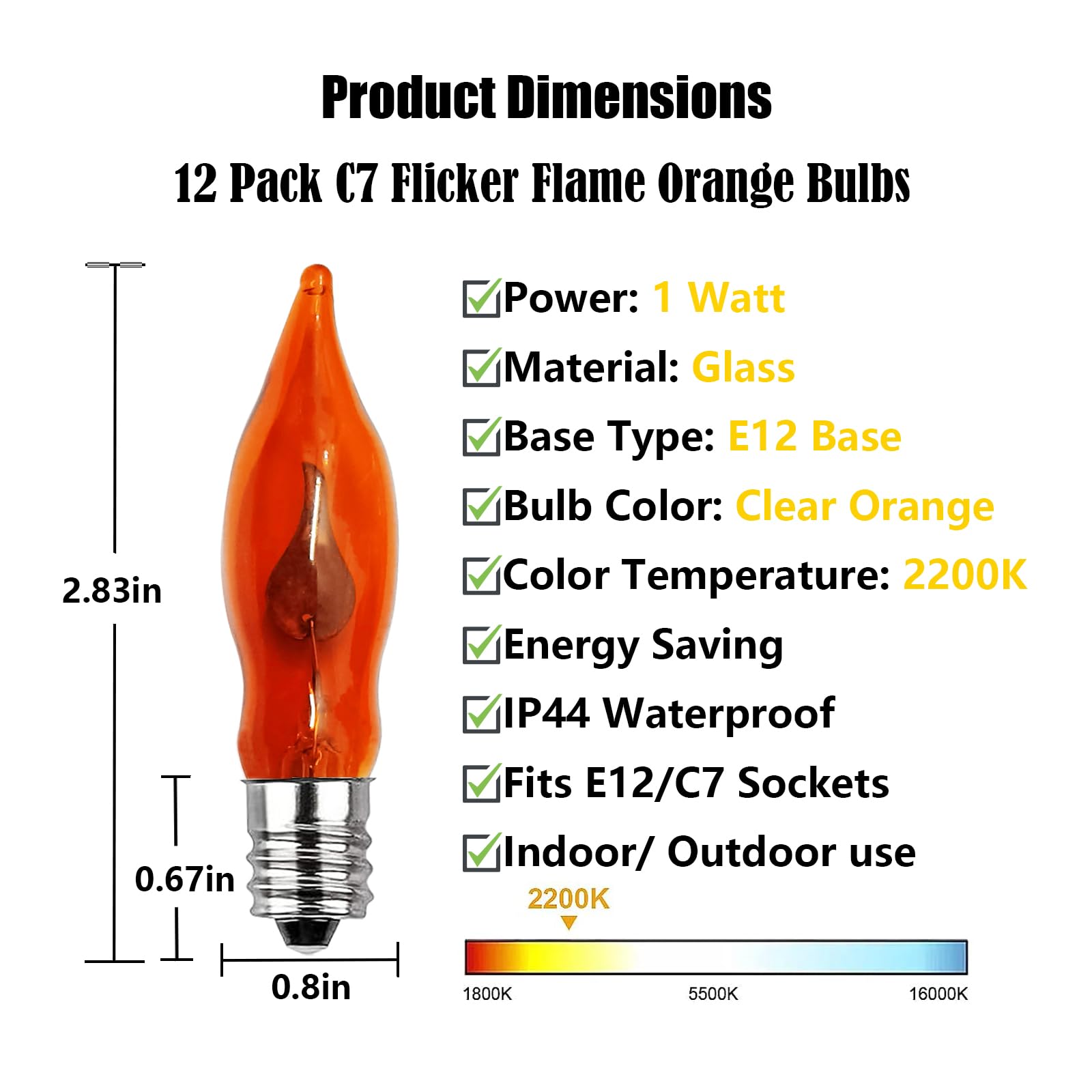 Halloween Flicker Flame Light Bulbs, 12 Pack C7 Orange Flickering Light Bulbs, 1W E12 Flame Candelabra Light Bulbs for Candle Chandelier Outdoor String Lights Party Halloween Christmas Decoration