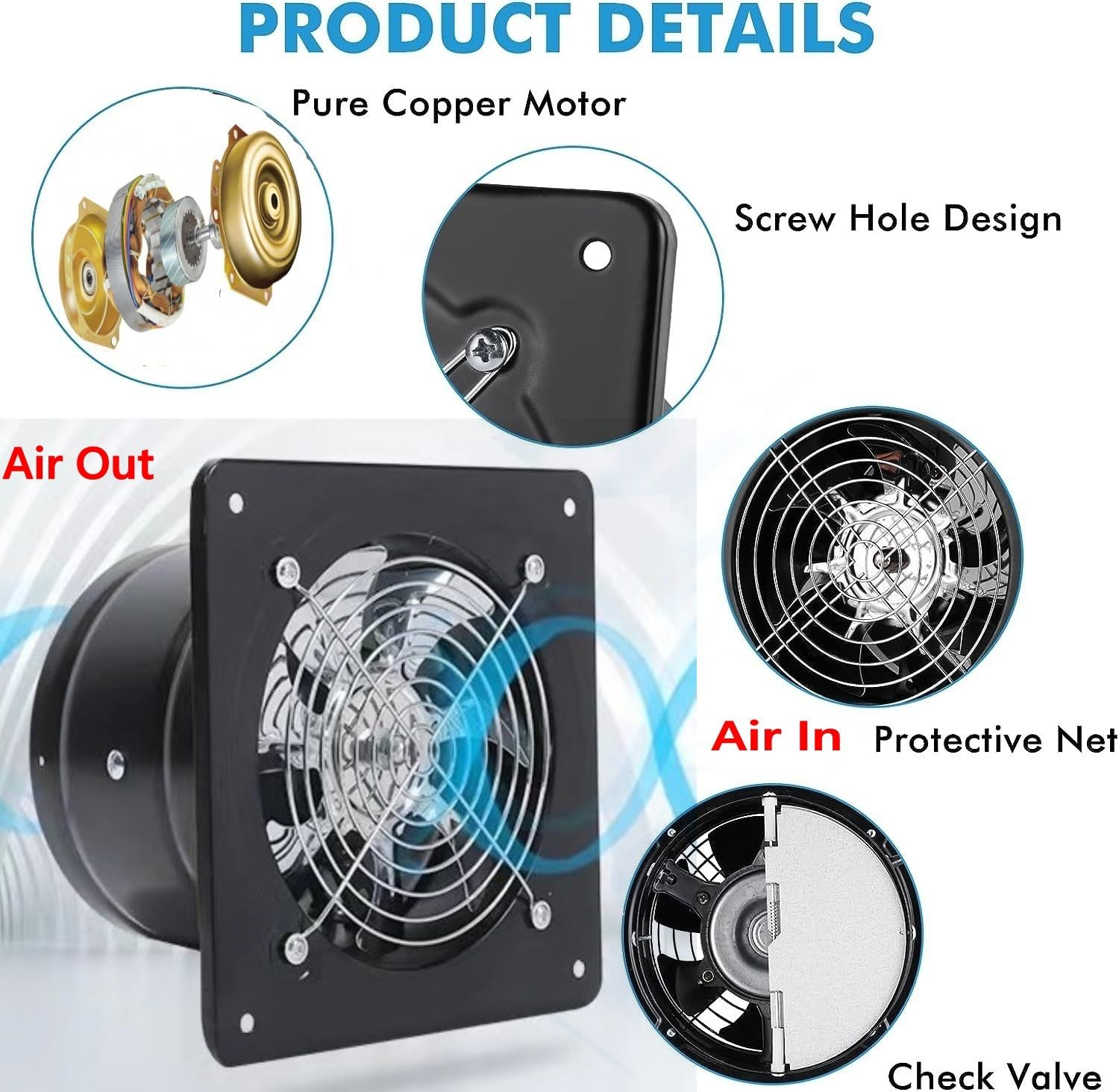 Aydomer Exhaust Fan 78W Through-wall installation Ventilation Fans 110V Exhaust Fan with Plug 8 inch Exhaust Smoke Fan with Light Weight Pure Copper Motor for Kitchen Bathroom (Black)