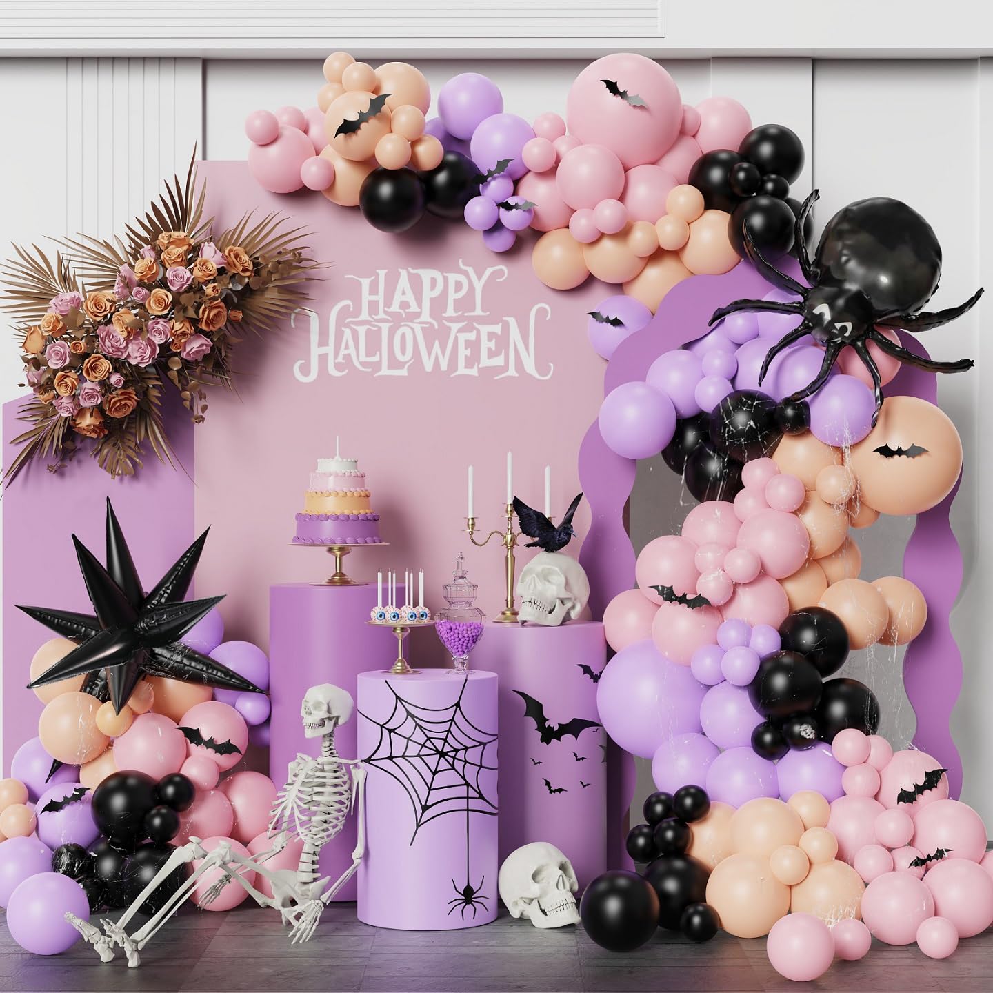 166pcs Pink Black Purple Halloween Balloon Garland Arch kit, Scary Spider Happy Halloween Baby Shower Party Decorations with 3D Bat Stickers for Girls Spooky Birthday BOO Day Party Supplies