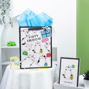 WRAPAHOLIC 13" Large Birthday Gift Bag with Card and Tissue Paper - Adorable Cat Design Happy Birthday