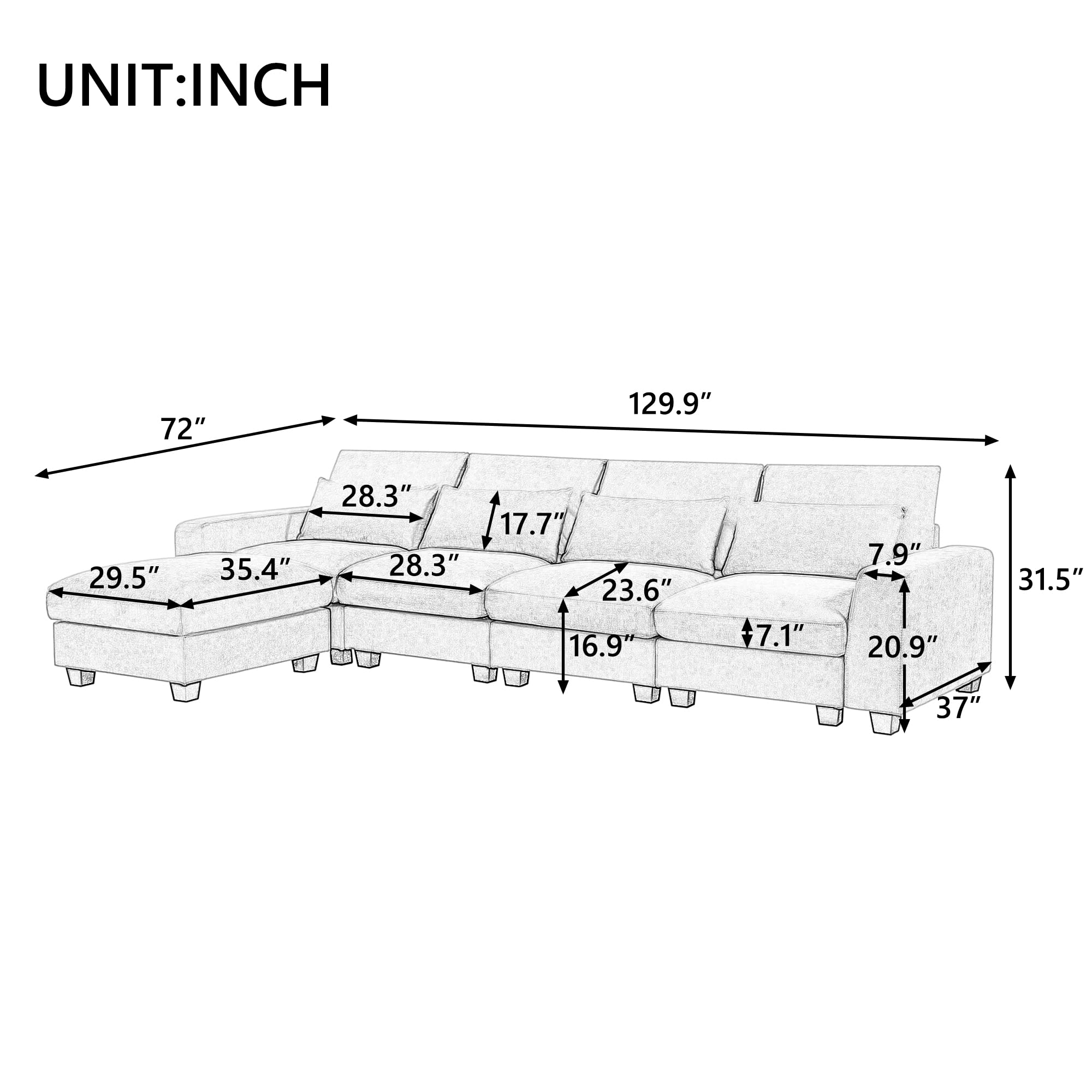 JURMALYN 130'' Sectional Sofa Couch for Living Room L Shape Sectional Sofa Convertible Sofa Couch Feather Filled Sectional Sofa with Waist Pillows - Beige