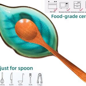 Ceramic Spoon Rest for Stove Top, Ice Cracks Leaf Cute Spoon Rest for Kitchen Counter, Cooking Spoon Holder for Kitchen Counter, Utensil Rest Spatula Rest Ladle Holder Tong Rest, 1 PC (A, Lake Blue)