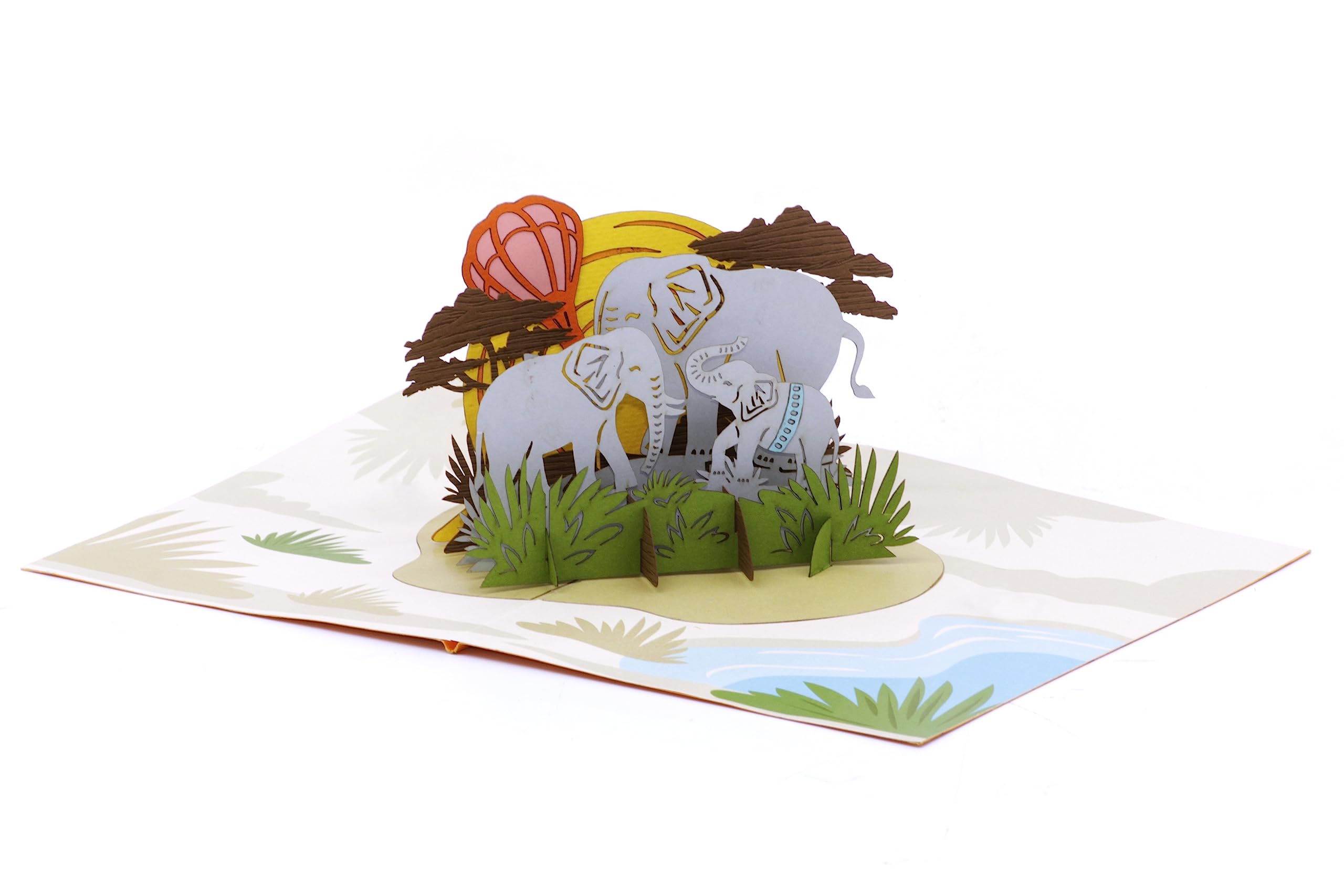 Jungle Animals - 3D Pop Up Greeting Card For All Occasions - Love, Birthday, Christmas, Good luck, Father's Day, Mother's Day - Message Note for Personalized - Thick Envelope, Fold Flat (Elephants)