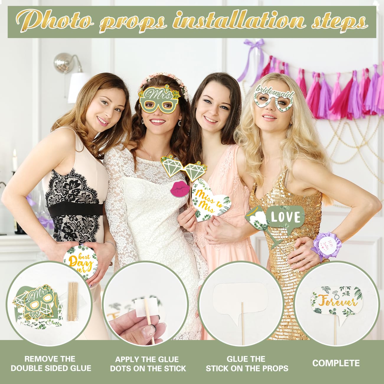 Bridal Shower Decorations Sage Green Wedding Decorations Engagement Party Decorations She Said Yes Party Photo Booth Frame & Props for Wedding Party Supplies