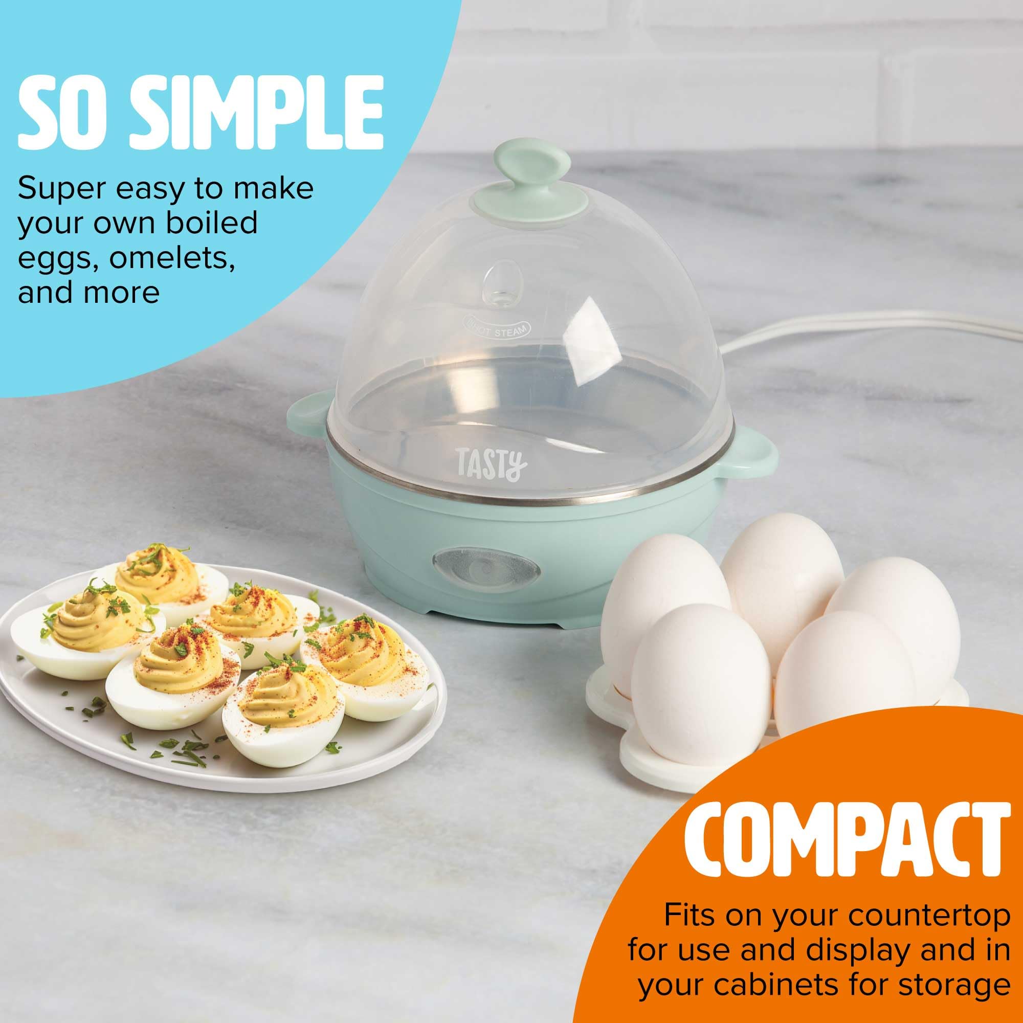 Tasty Mini Rapid Egg Cooker, 5-Egg Capacity for Perfect Hard Boiled Eggs or Omelets, Auto Shut Off, Aqua