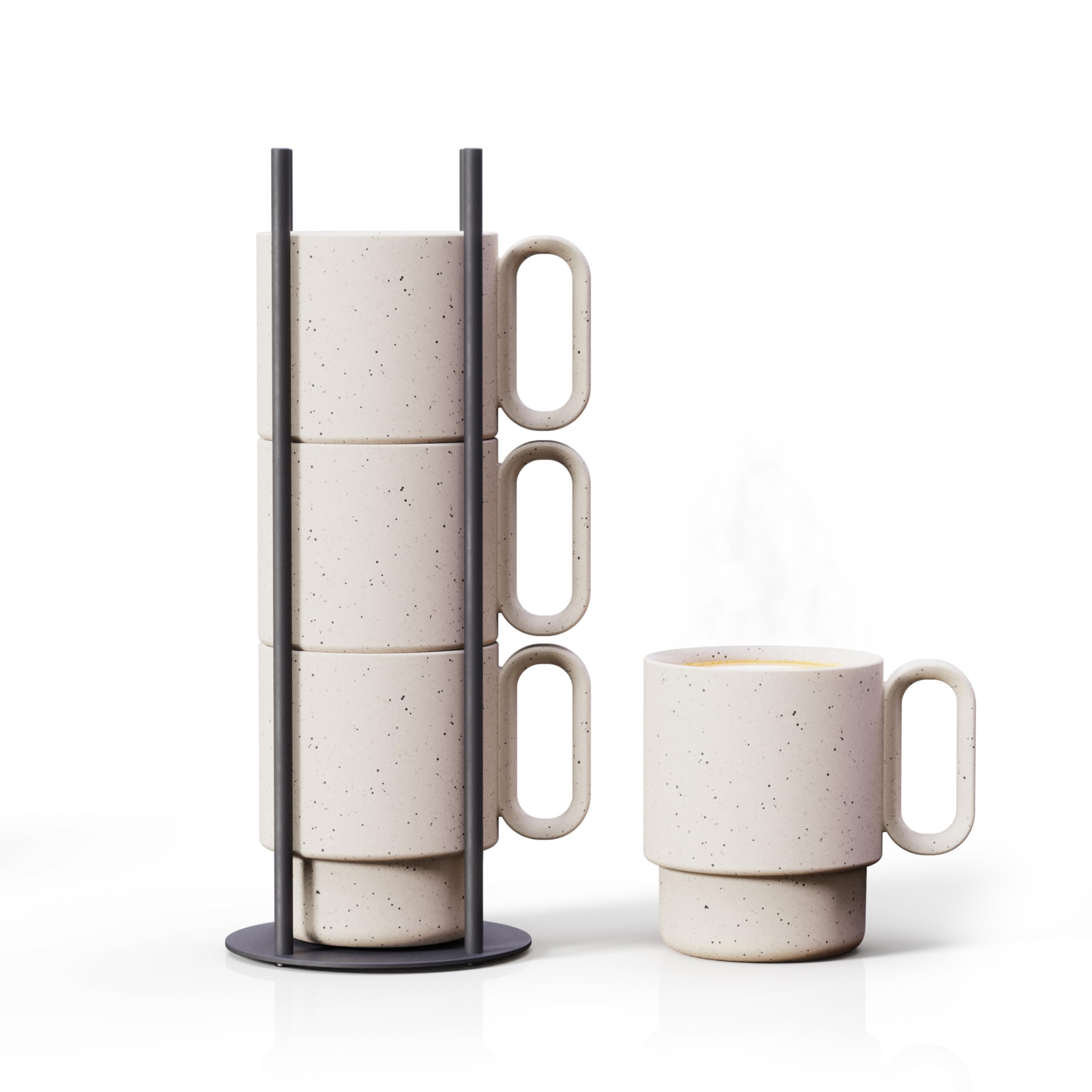 Stackable Coffee Mug Set with Black Stand - 4x10oz Ceramic Mugs with Unique Sprinkled Optics - Powder Coated Metal Rack - Dishwasher-Safe - Microwave & Oven - Scandinavian Minimal Design