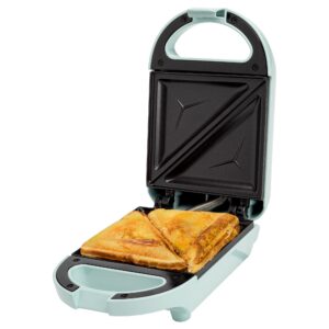 tasty mini sandwich maker, makes sandwiches, paninis, grilled cheese, desserts, quick results, easy cleanup, 600w, aqua