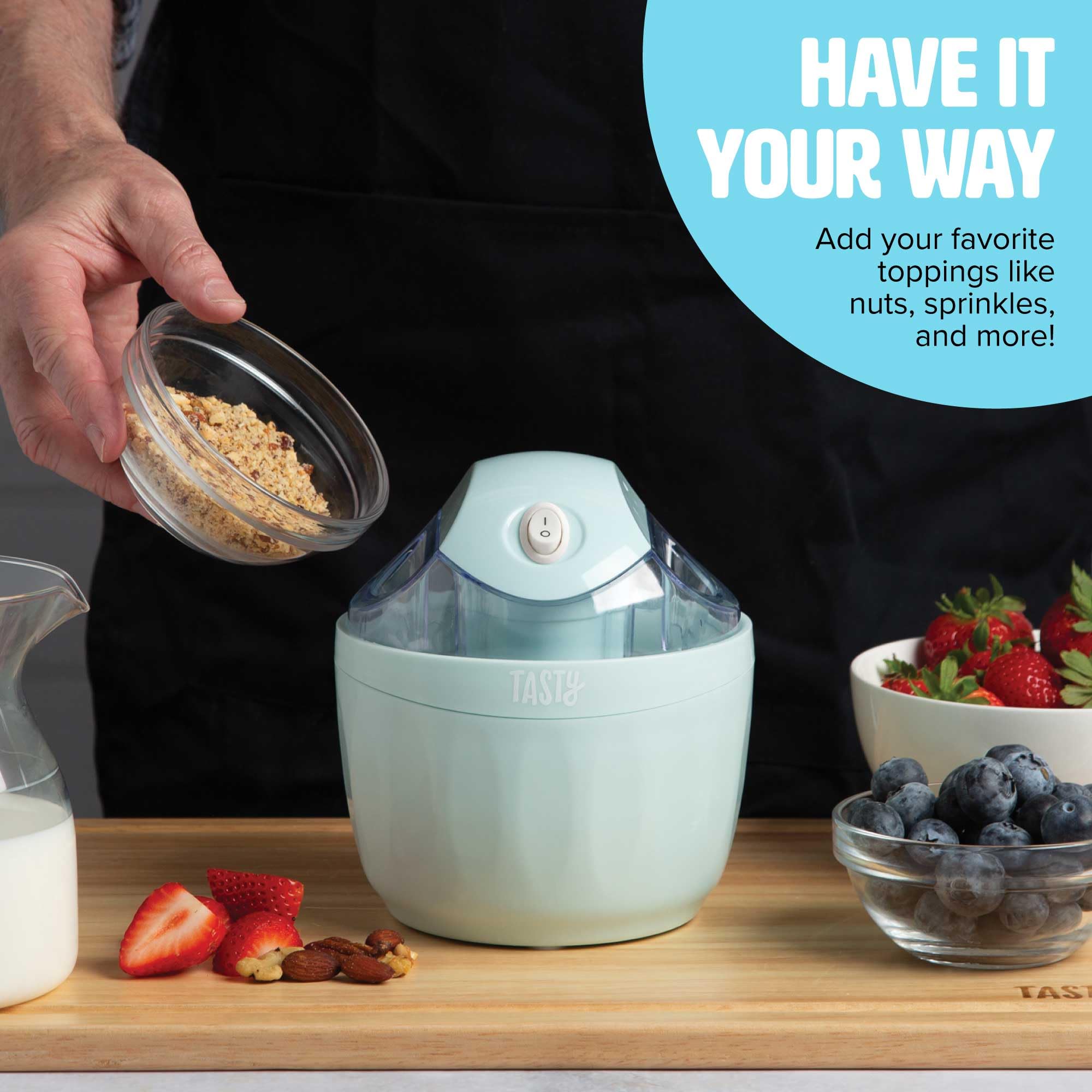 Tasty Mini Ice Cream Maker, Make Ice Cream, Sorbet, Frozen Yogurt, Gelato, Desserts, Quick Results, Single-Serve, Aqua