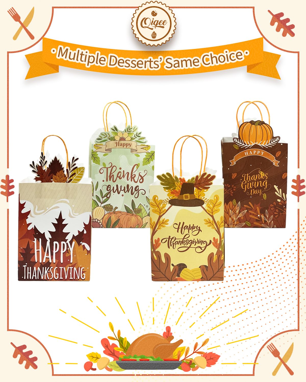 qiqee 24-Packs Thanksgiving Paper Gift Bags with Handles Bulk 8.26×6×3.15 Inch Pumpkin Gift Bags Multiple Uses (Small Size)