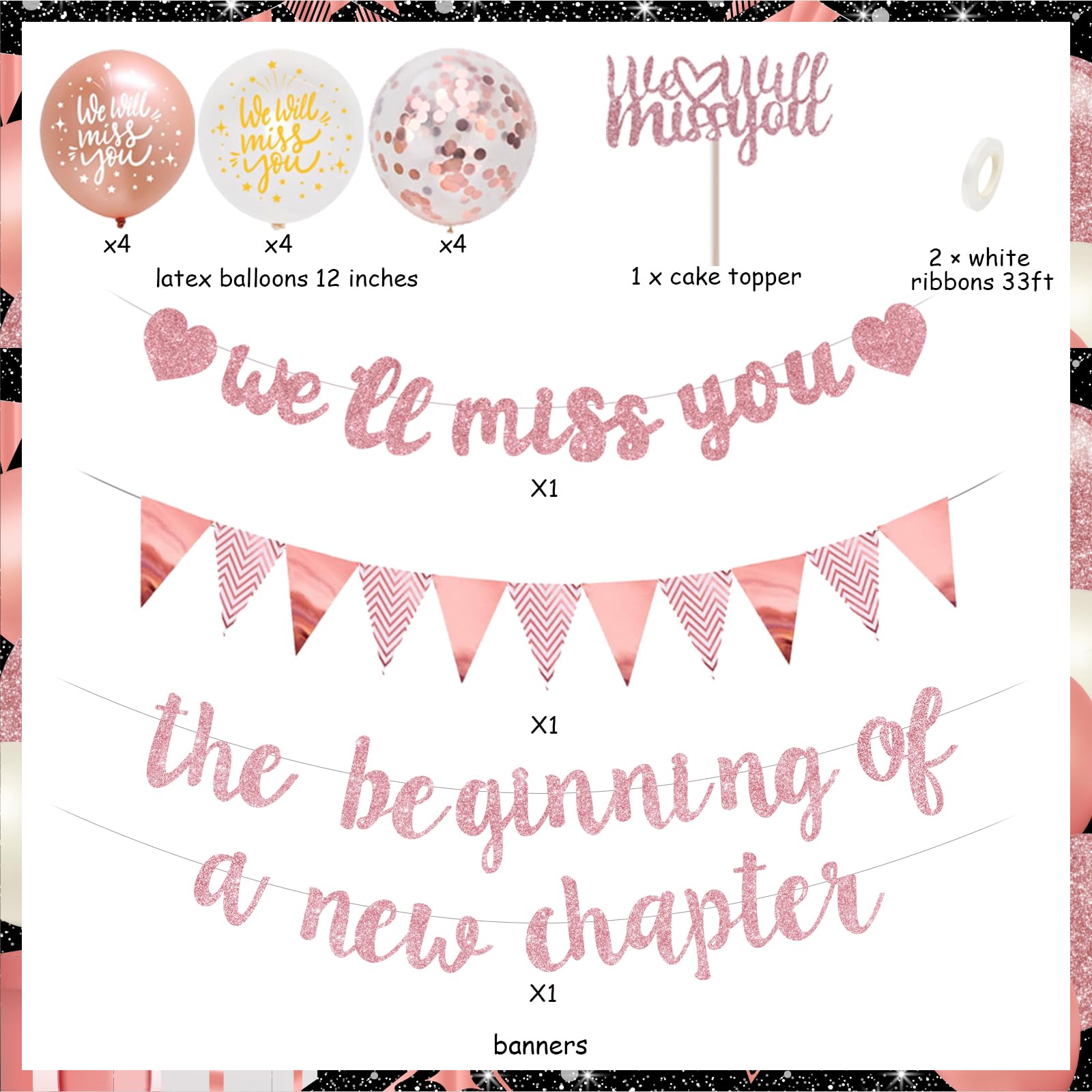 Farewell Party Decorations The Beginning of A New Chapter Going Away We Will Miss You Theme Balloons Banner, Rose Gold Retirement Graduation Party Supplies for Women Girls