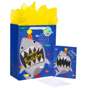 lezakaa 13" birthday gift bag, medium blue gift bag with tissue paper, gift tag and card - shark with word happy birthday design for boy, girl, kids