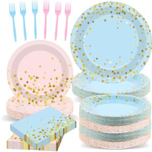 192pcs gender reveal party supplies baby shower party tableware gender reveal plates and napkins plastic forks boys girls blue and pink paper plates for baby shower wedding birthday party 48 guests