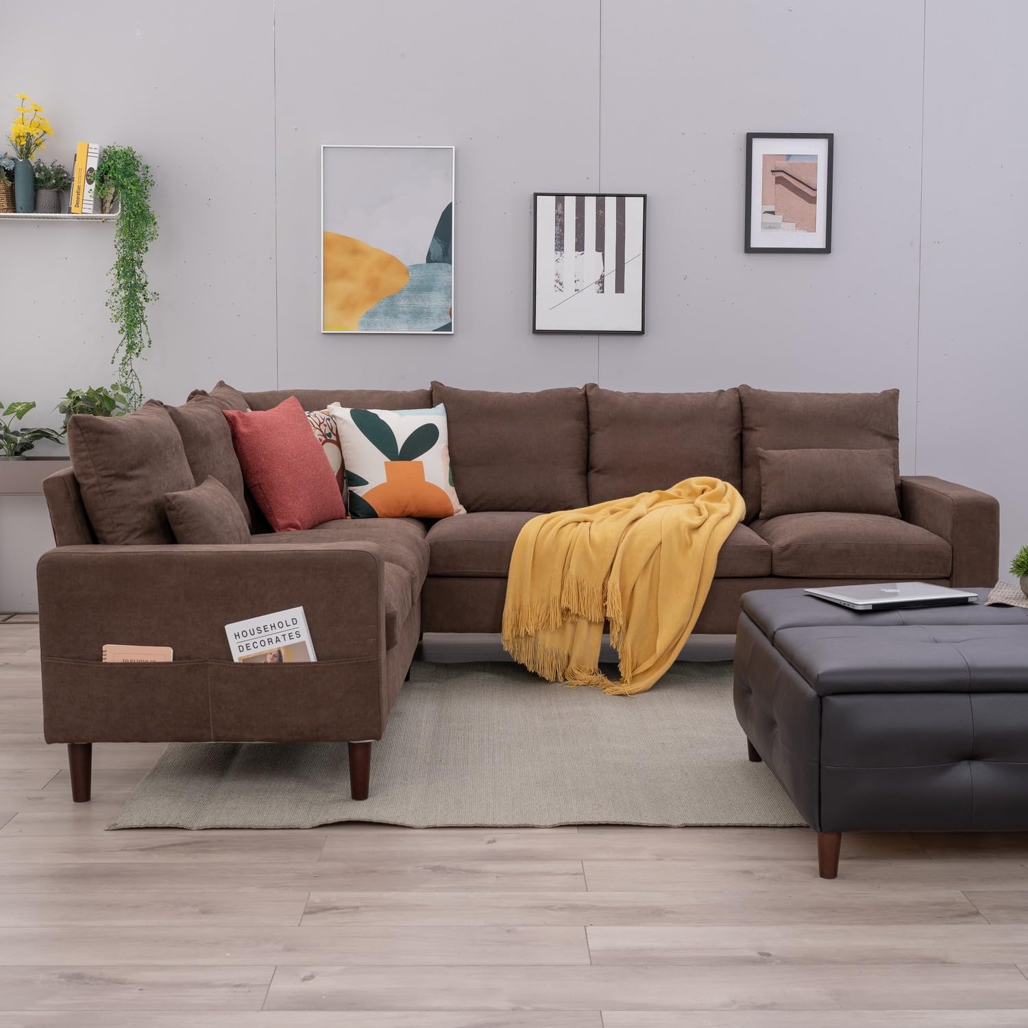 Panana Modern Upholstered L-Shape Sectional Sofa, 2 Seater + 3 Seater Corner Couch for Living Room (Brown)