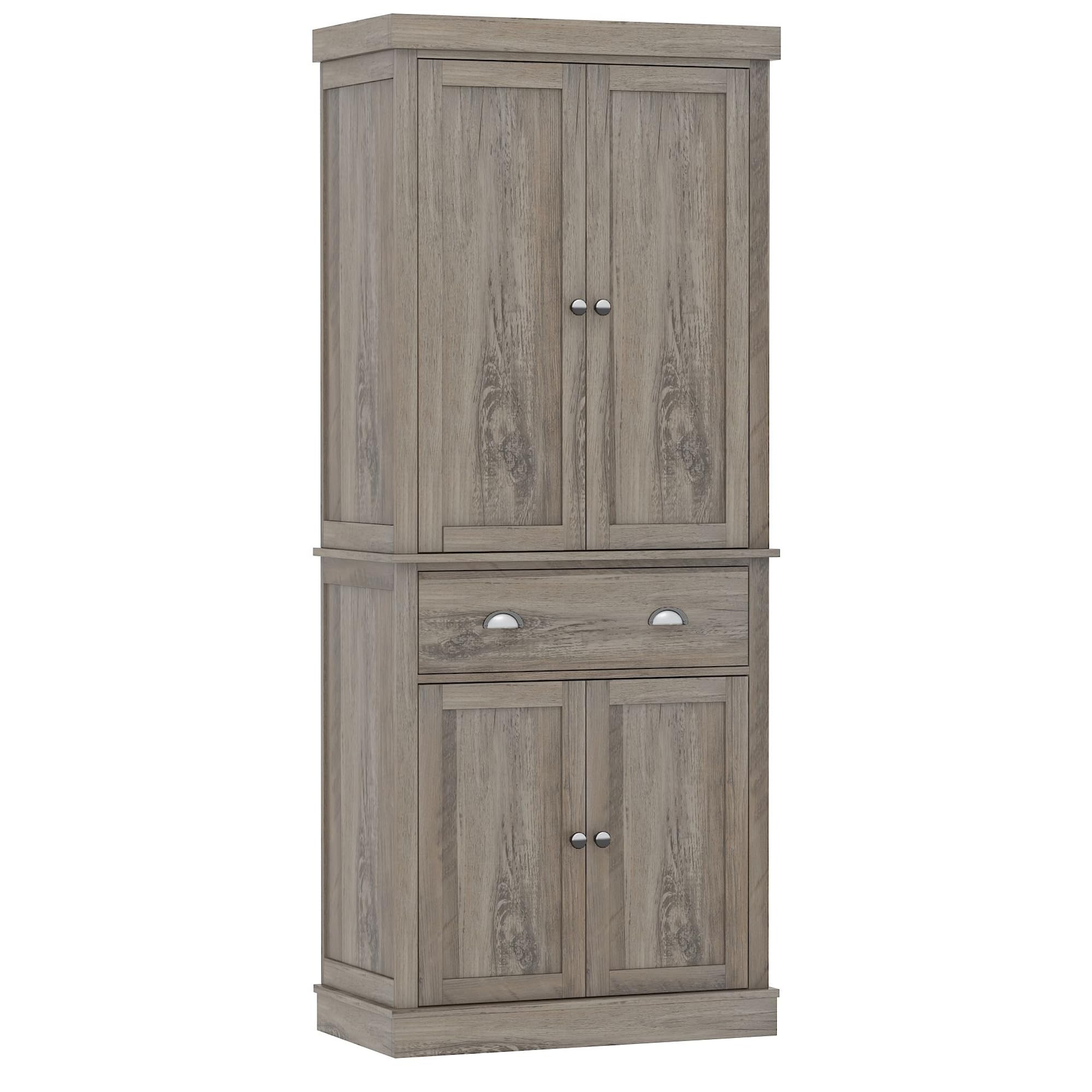 FOTOSOK 72" Kitchen Pantry Storage Cabinets with Drawer, Freestanding Cupboard with 4 Doors, Drawer, 4 Shelves, Utility Pantry Cabinet for Kitchen, Dining Room, Living Room, Ash Grey