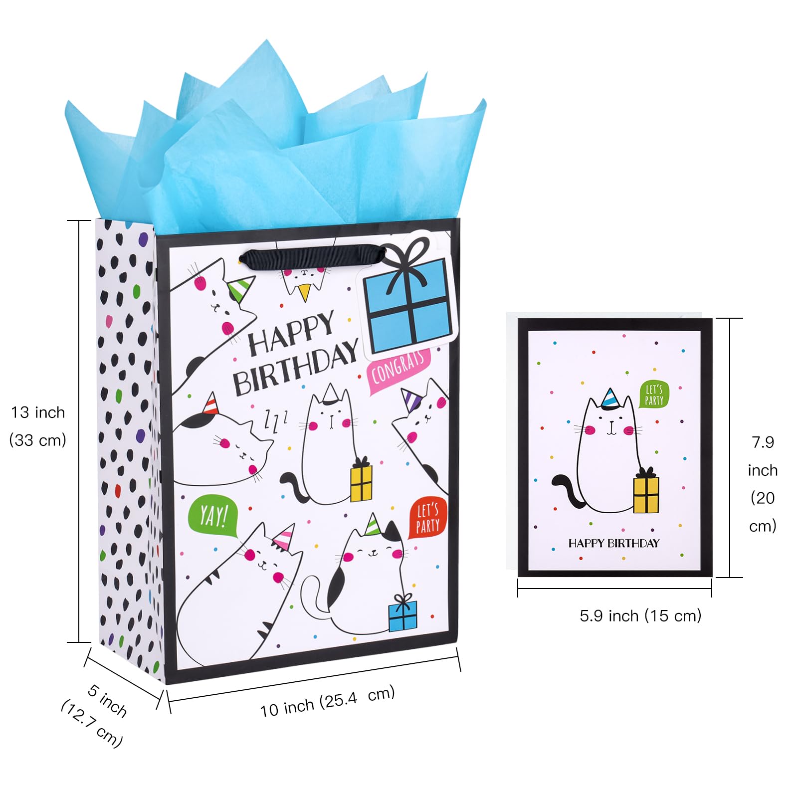 WRAPAHOLIC 13" Large Birthday Gift Bag with Card and Tissue Paper - Adorable Cat Design Happy Birthday