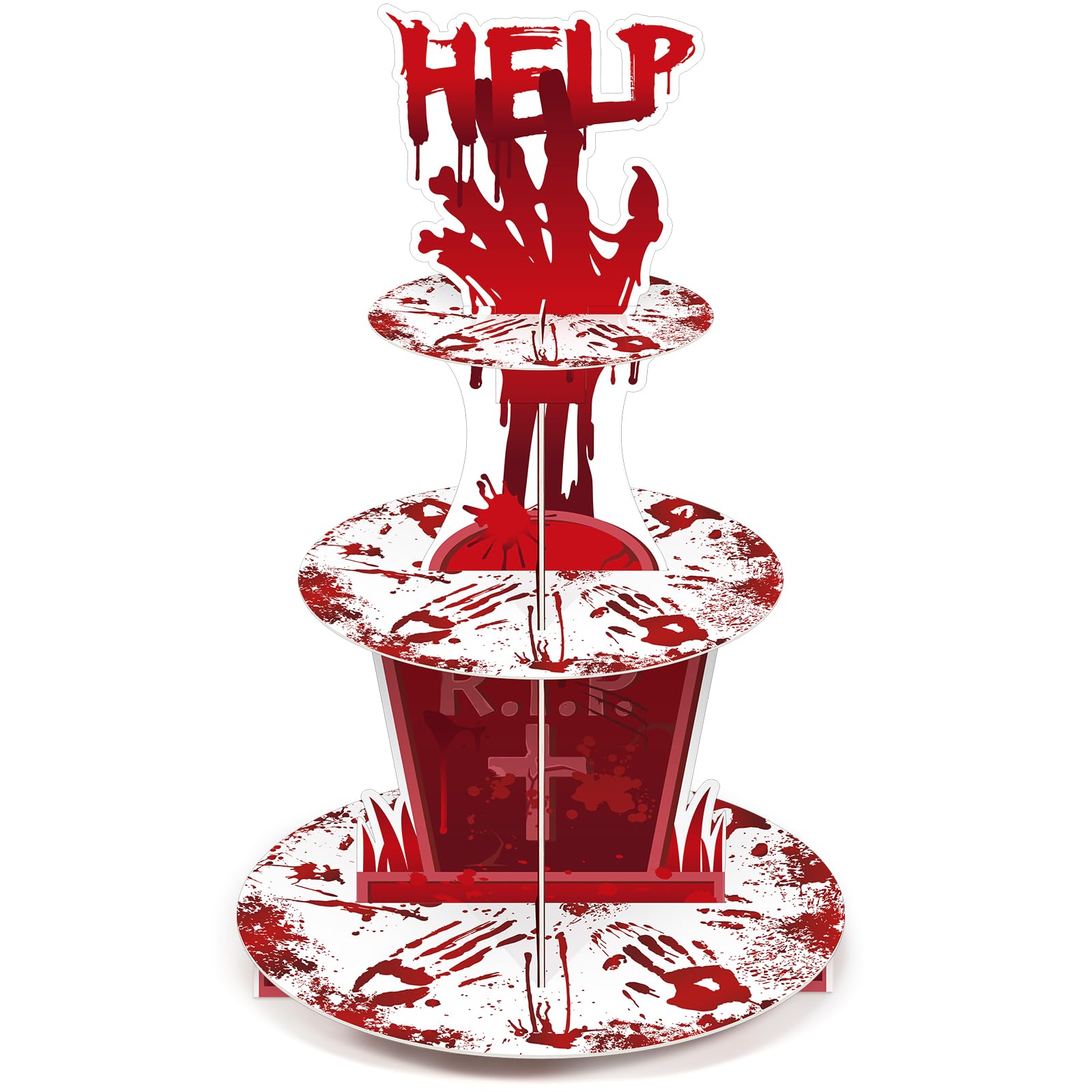 Sliner 3 Tier Halloween Bloody Cupcake Stand Party Decorations Bloody Handprint Cupcake Holder Halloween Bloody Help Cake Holder Bloody Theme Dessert Stand for Halloween Horror Scary Party Supplies