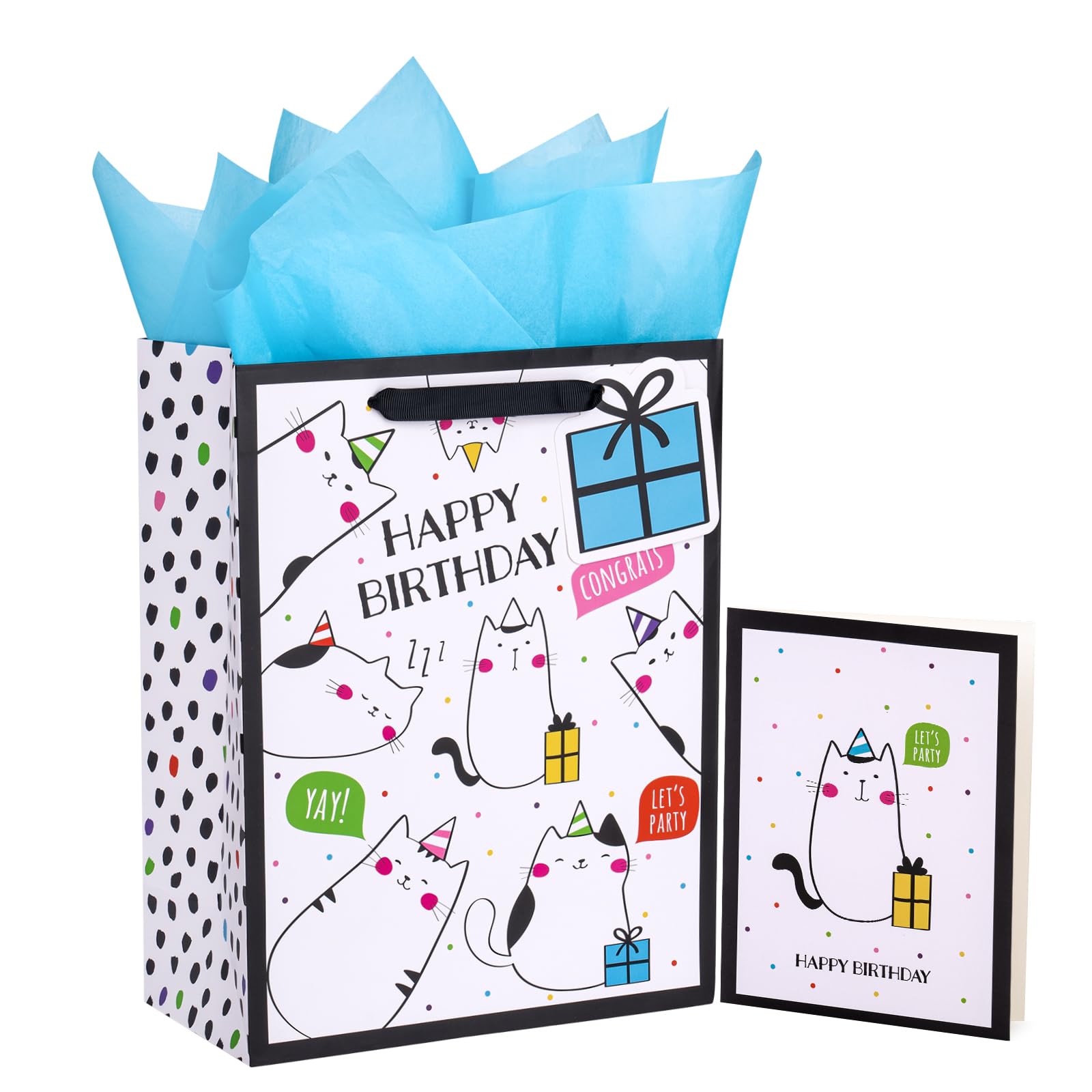 WRAPAHOLIC 13" Large Birthday Gift Bag with Card and Tissue Paper - Adorable Cat Design Happy Birthday