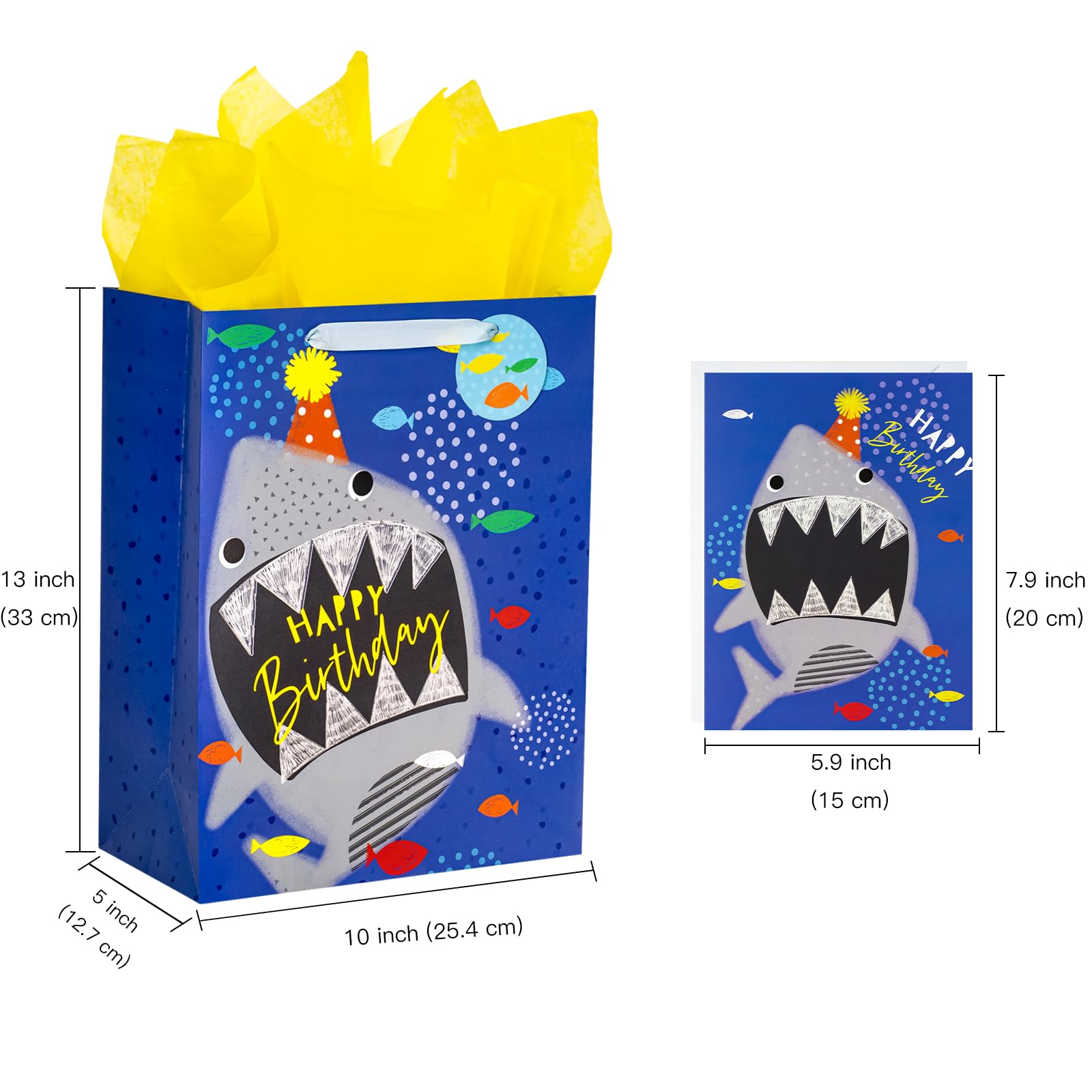 LeZakaa 13" Birthday Gift Bag, Medium Blue Gift Bag with Tissue Paper, Gift Tag and Card - Shark with Word Happy Birthday Design for Boy, Girl, Kids