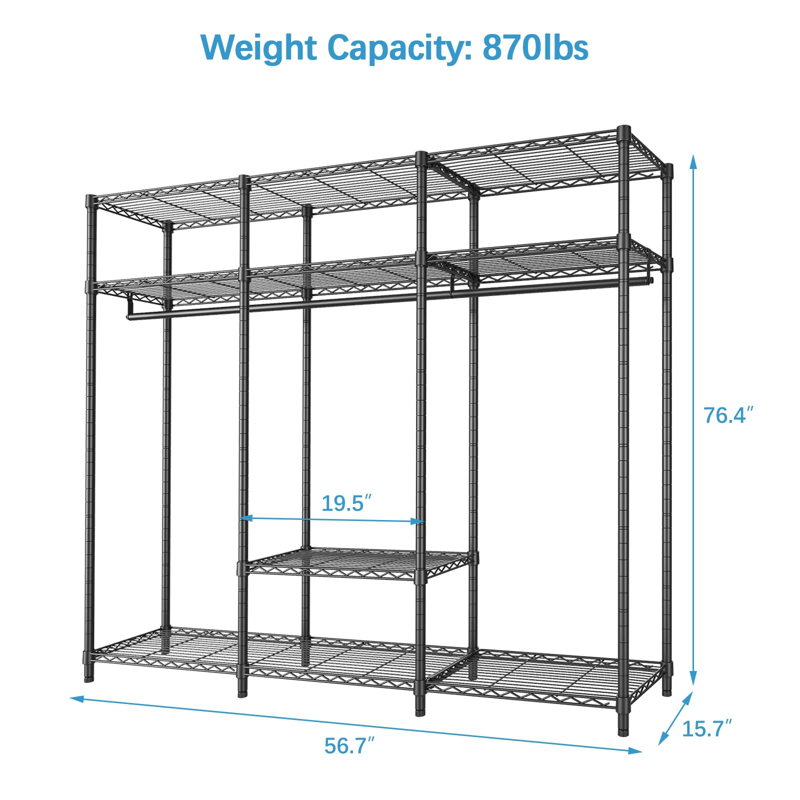 VIPEK V30 Garment Rack, Heavy Duty Clothes Rack with 7 Adjustable Shelves & 2 Hang Rods, Portable Closet System, Metal Closet Rack, Freestanding Wardrobe Closet for Hanging Clothes, Max Load 870lbs