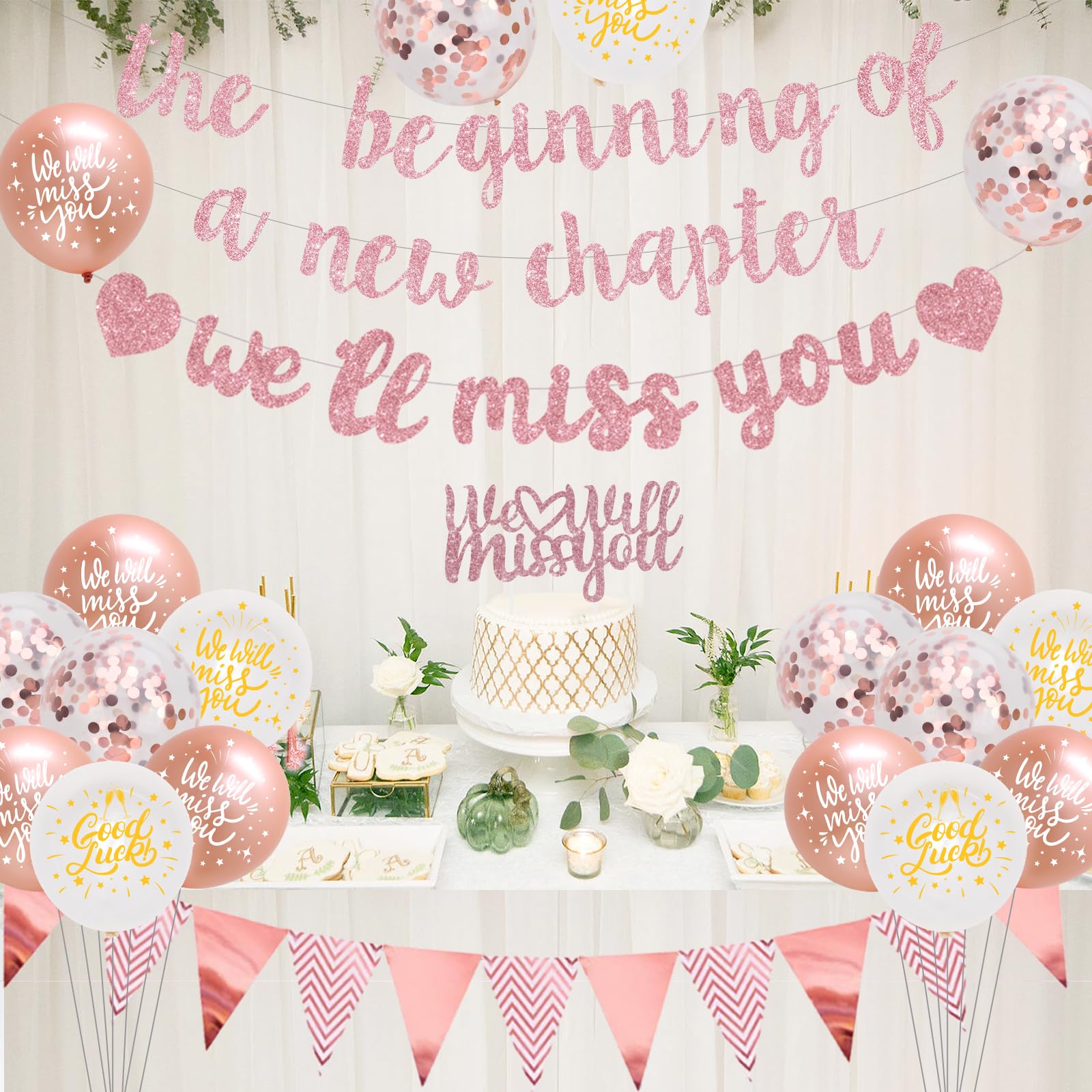 Farewell Party Decorations The Beginning of A New Chapter Going Away We Will Miss You Theme Balloons Banner, Rose Gold Retirement Graduation Party Supplies for Women Girls