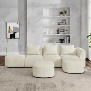 KIVENJAJA Modular Sectional Sofa, Boucle L-Shaped Couch with Right Facing Chaise, Ottoman & Pillows, Modern Minimalist Sherpa Comfy Cloud Couches for Living Room Apartment, 113 inch, Beige