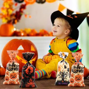 150 Pieces 3 Designs Halloween Candy Bags Treat Bags with Twist Ties, Pumpkin Witches Happy Halloween Clear Cellophane Goodie Snack Bags for Kids Boys Girls Trick or Treat Party Favor Decorations