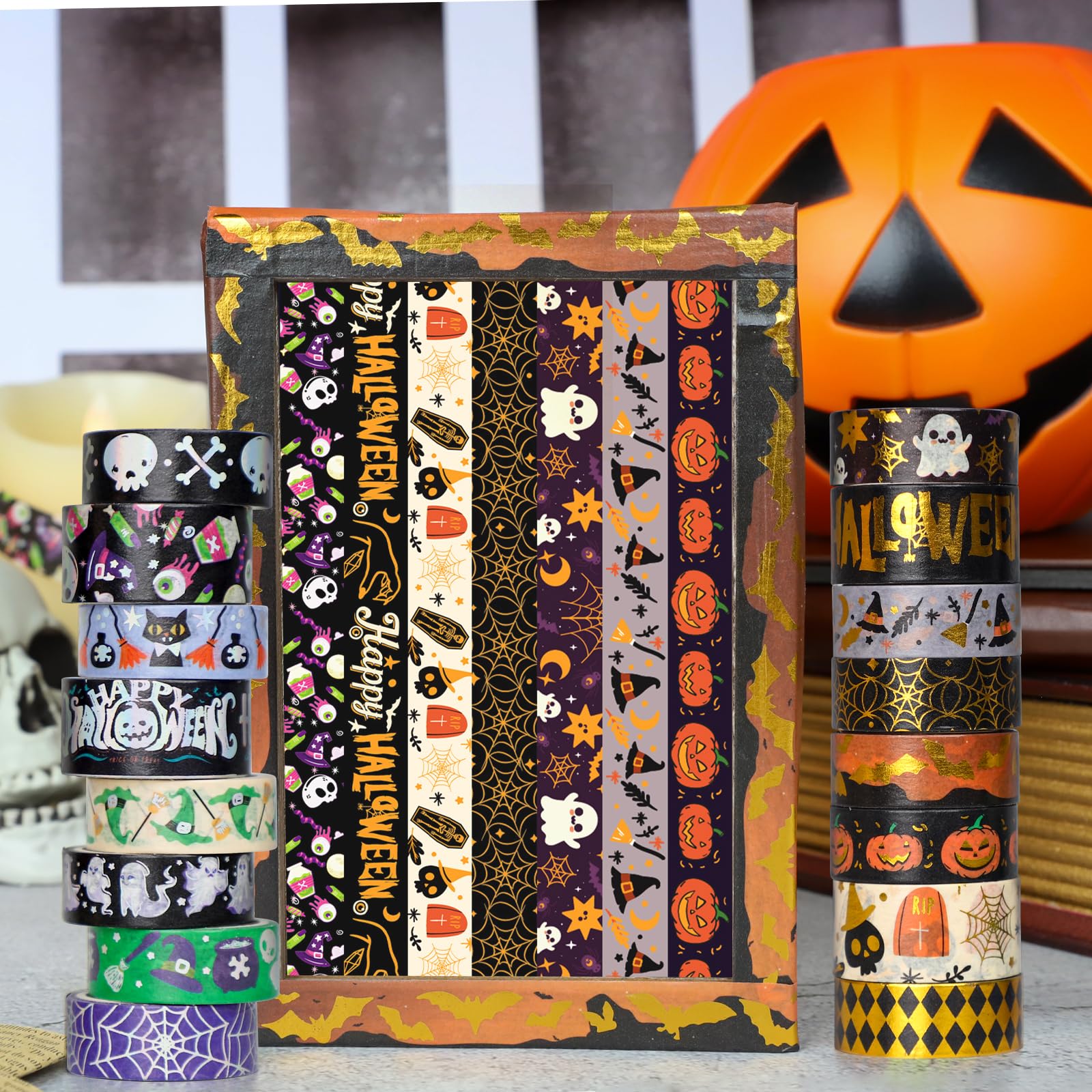 16 Rolls Halloween Washi Tape Holiday Masking Tape Black Halloween Stickers Glod Foil Decorative Tape for Halloween Scrapbook Journal DIY Craft Gift Wrapping（Halloween