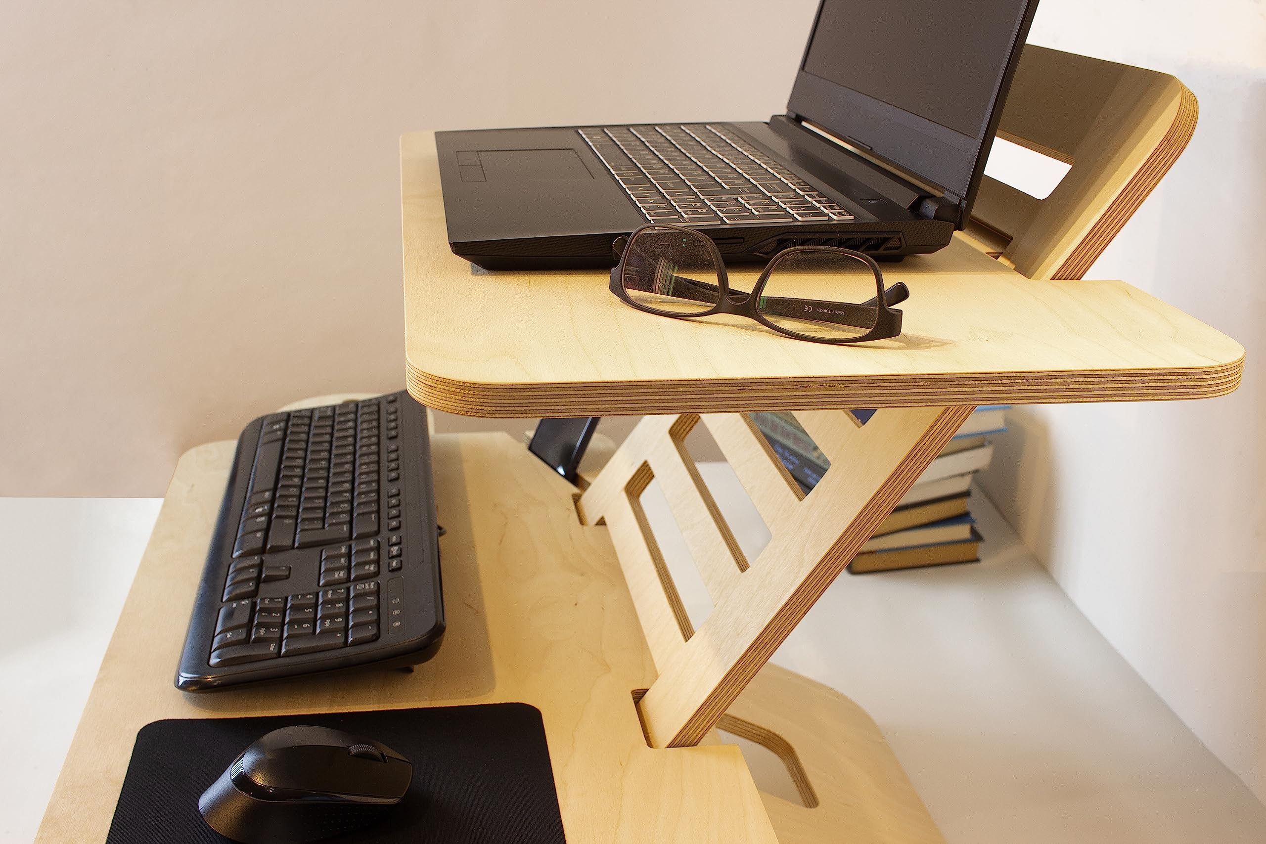 WOODCHES Adjustable Jumbo Wood Laptop Stand, Standing Desk Converter, Workstation Deskstand, Handmade Birch Plywood Tabletop, Home Office